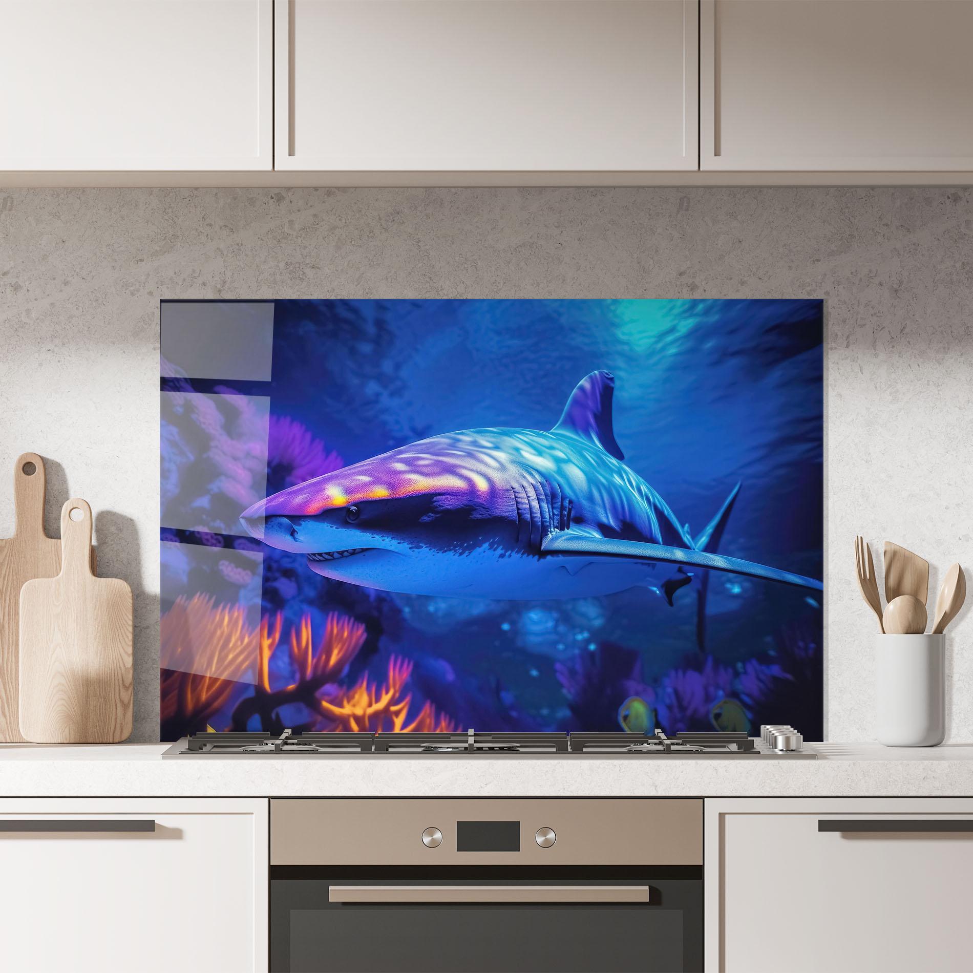 Küchenrückwand Glas Blue Light Shark mockup 7