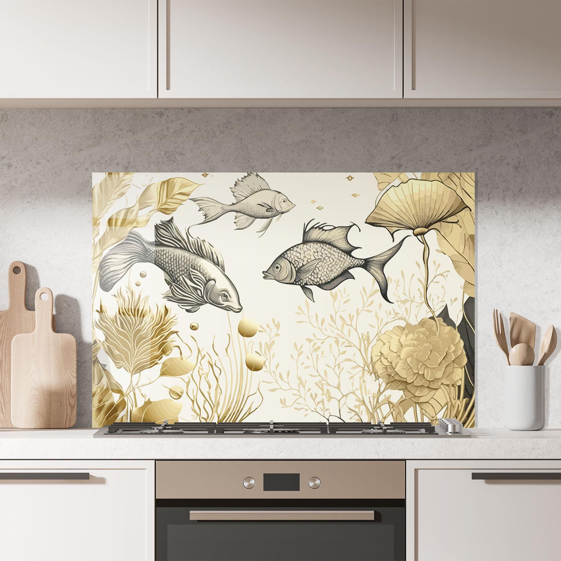 Küchenrückwand Glas Grey Gold Fish mockup 7