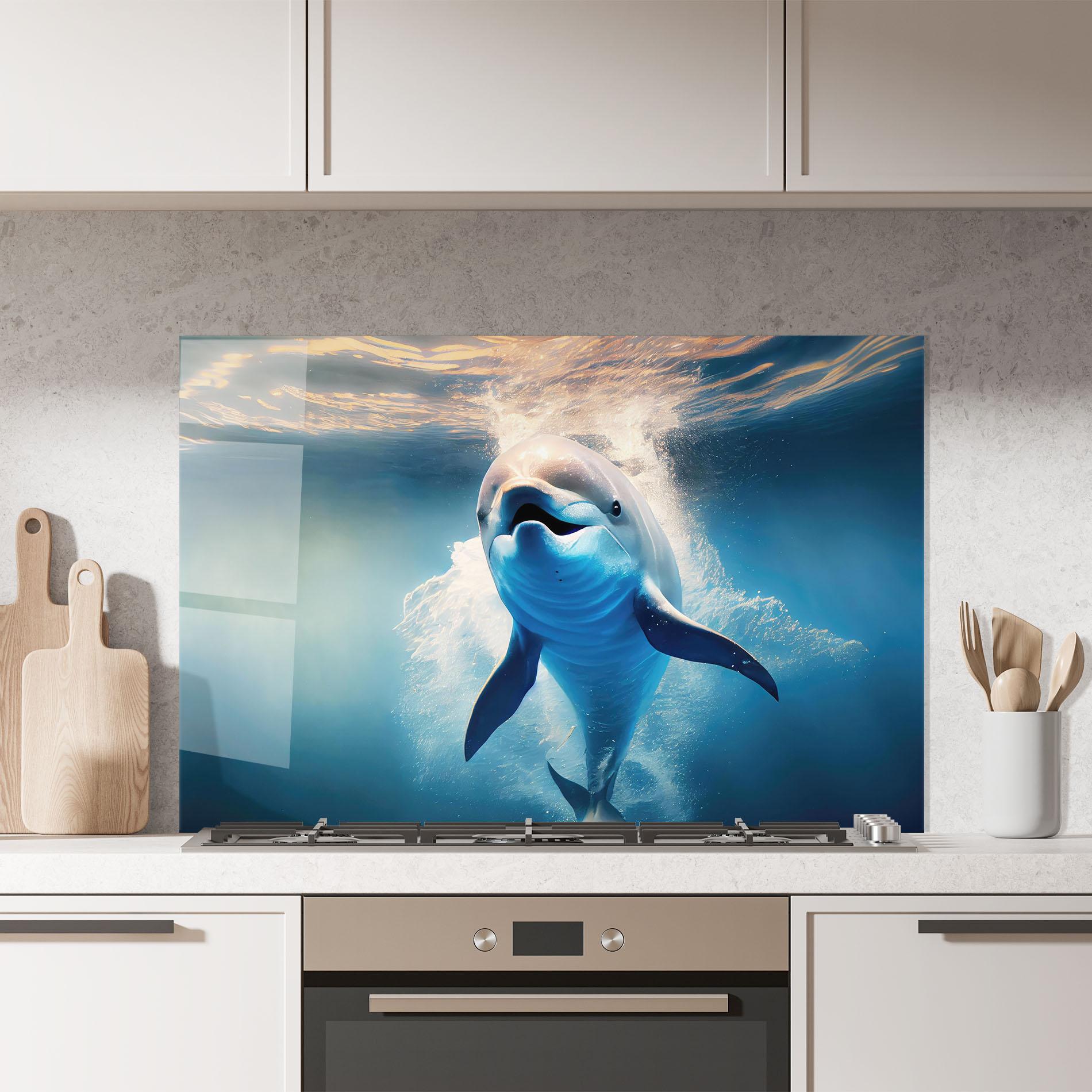 Küchenrückwand Glas Happy Dolphin mockup 7