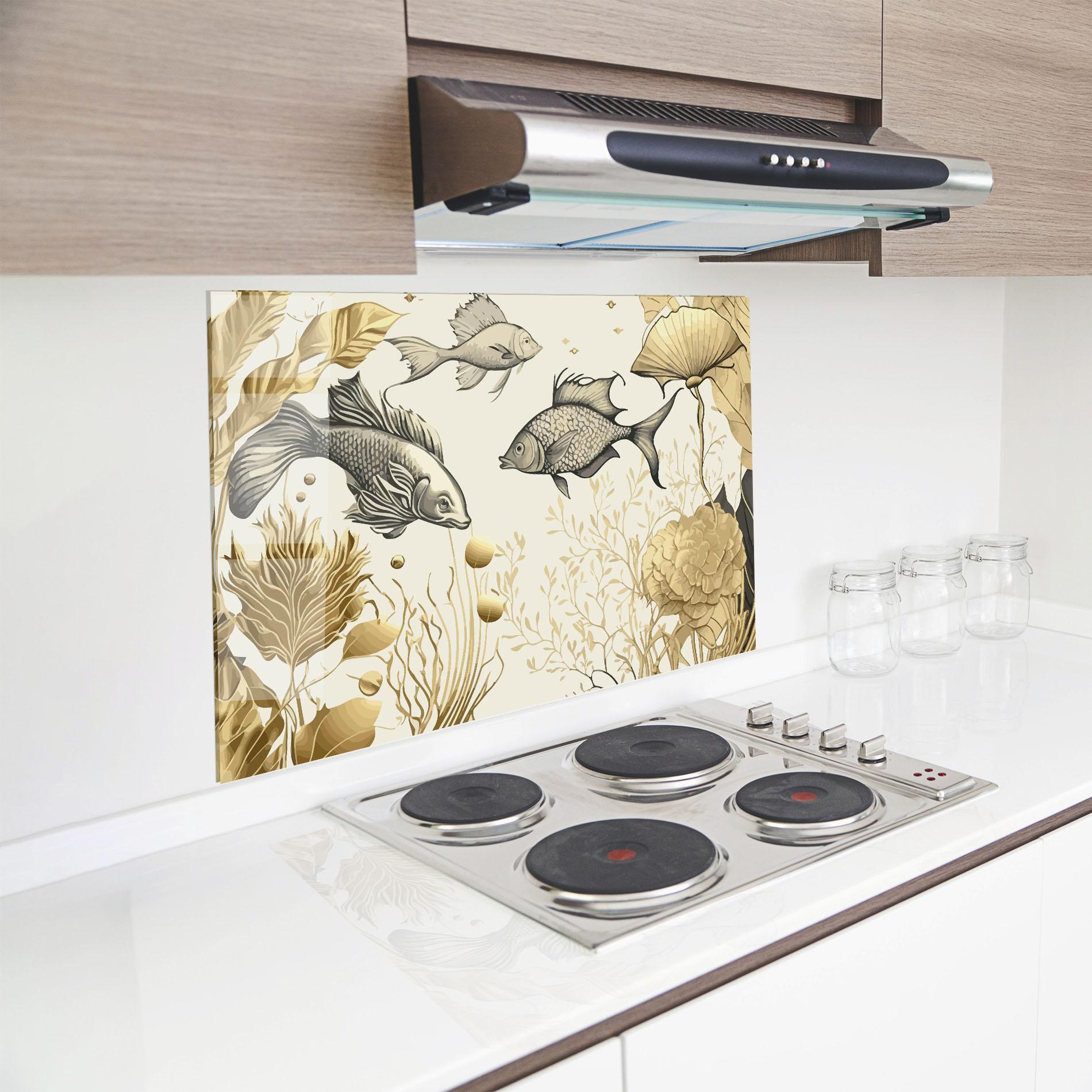 Küchenrückwand Glas Grey Gold Fish mockup 8