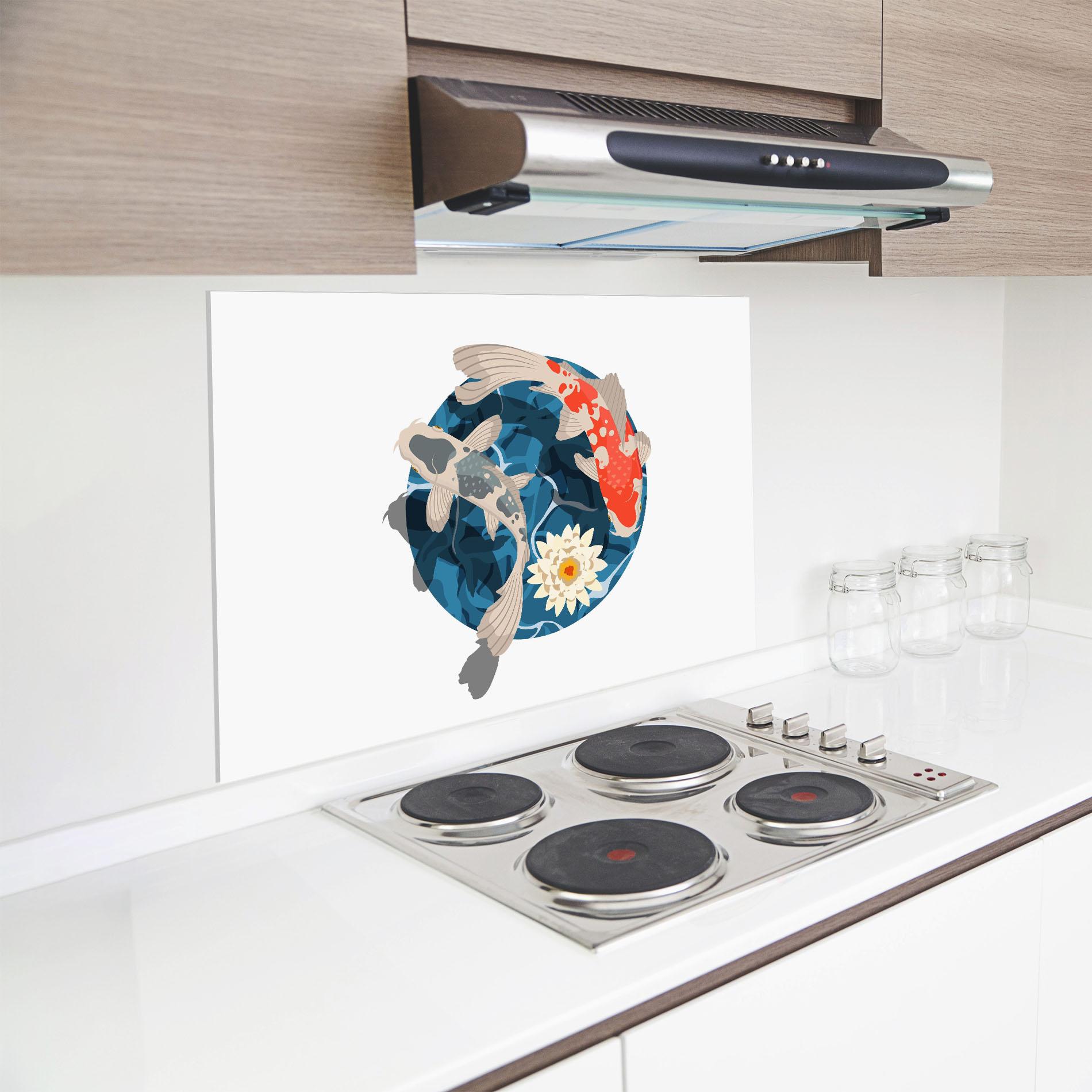 Küchenrückwand Glas Grey Orange Koi mockup 8