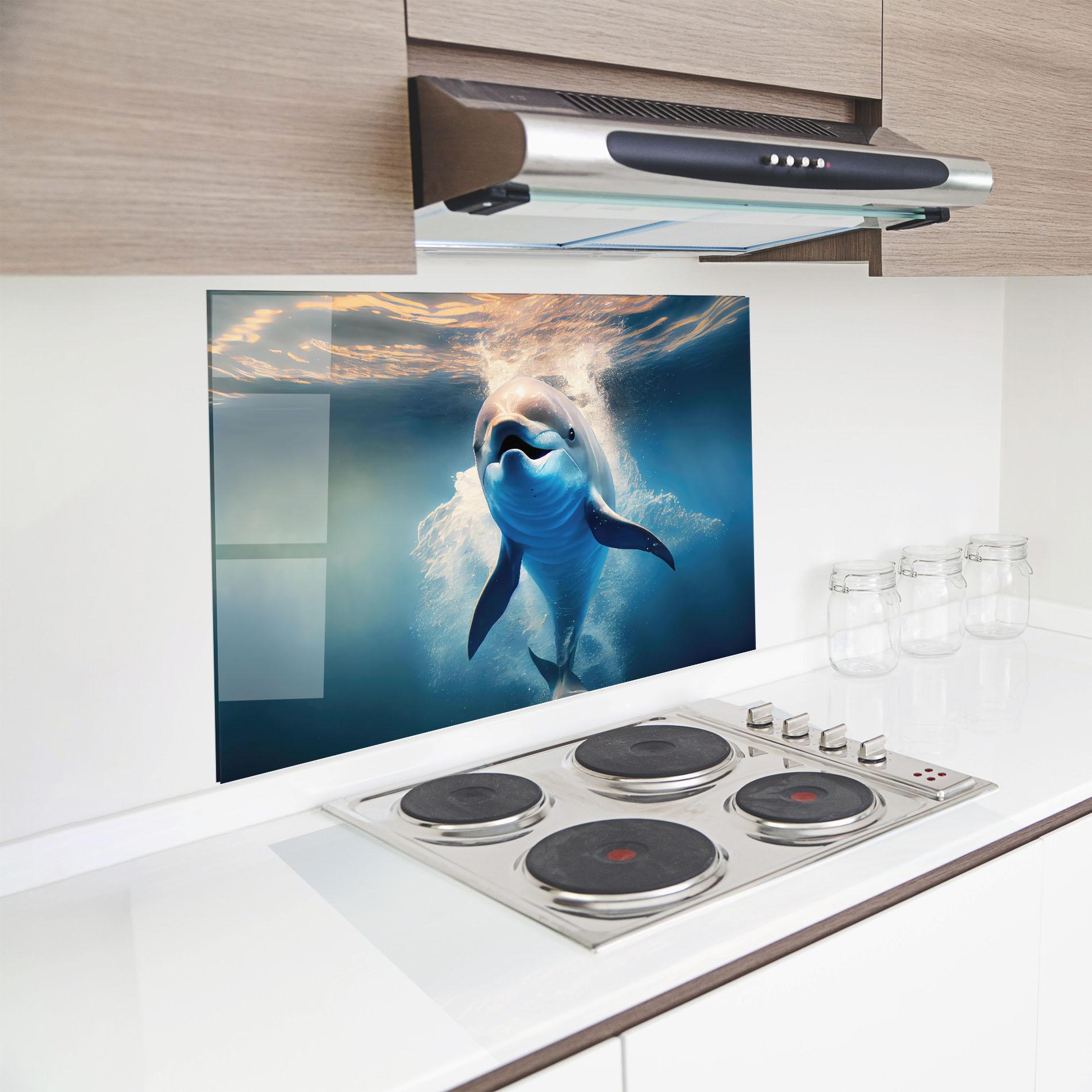 Küchenrückwand Glas Happy Dolphin mockup 8