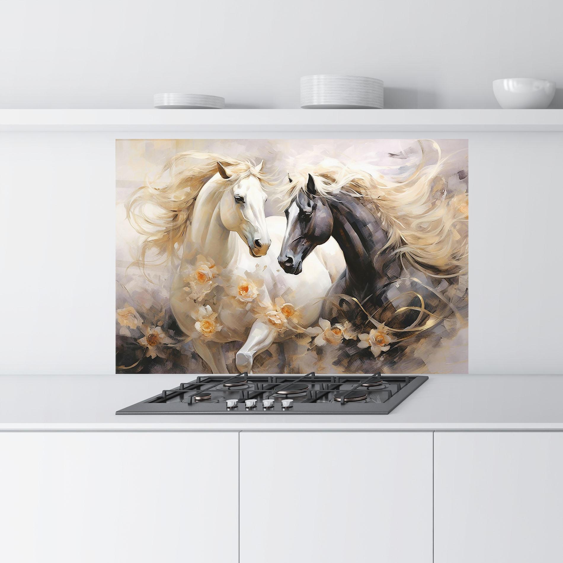 Küchenrückwand Glas Black And White Horses mockup 9