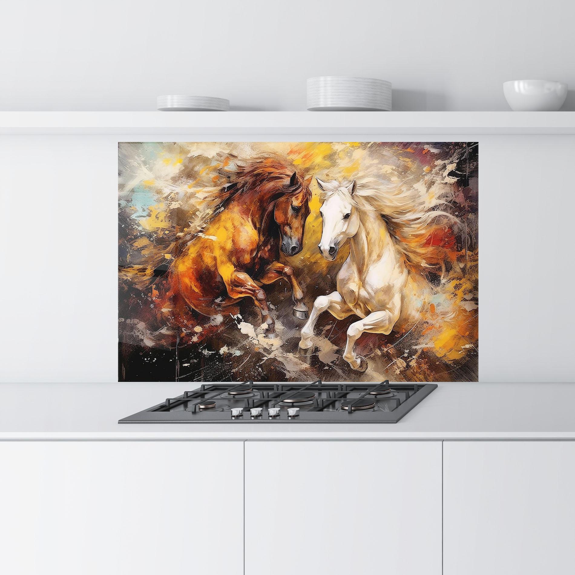 Küchenrückwand Glas Brown White Horses mockup 9