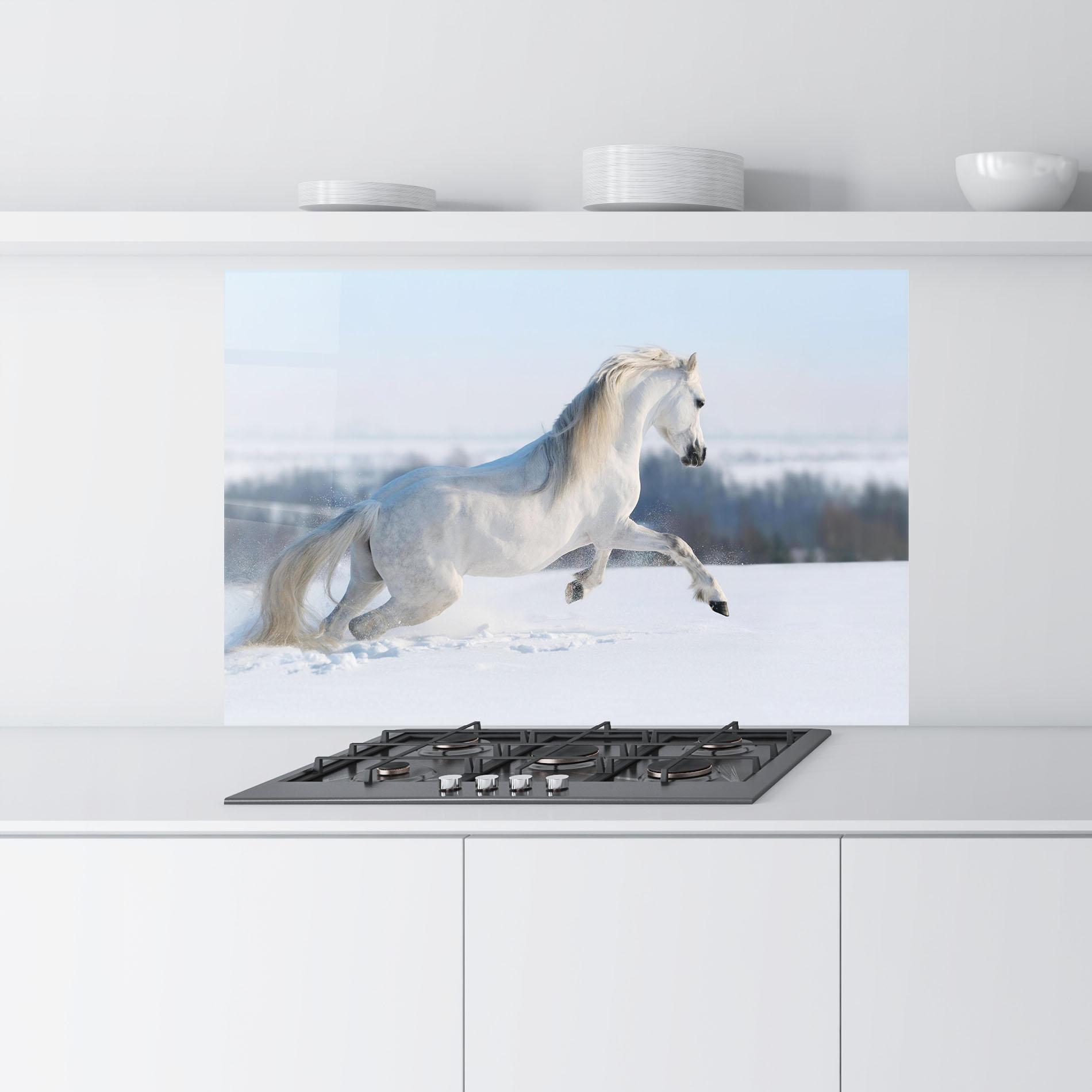 Küchenrückwand Glas Snow Horse Running mockup 9