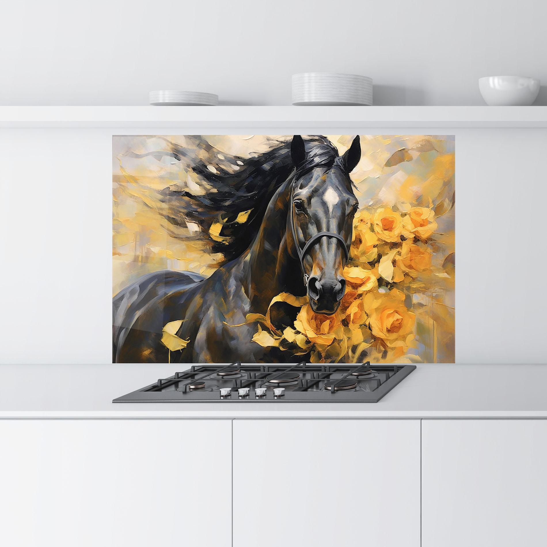 Küchenrückwand Glas Yellow Roses Horse mockup 9