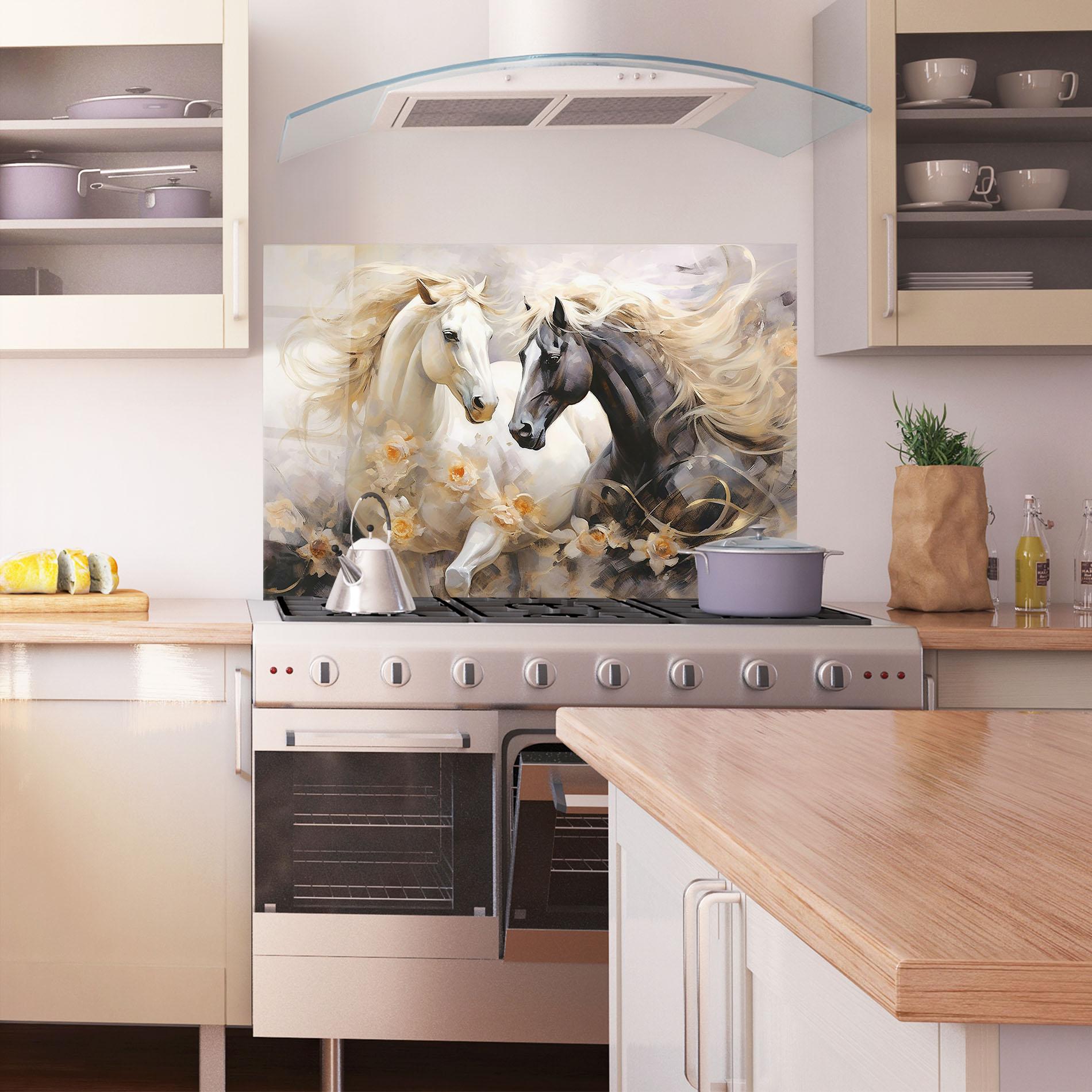 Küchenrückwand Glas Black And White Horses mockup 1