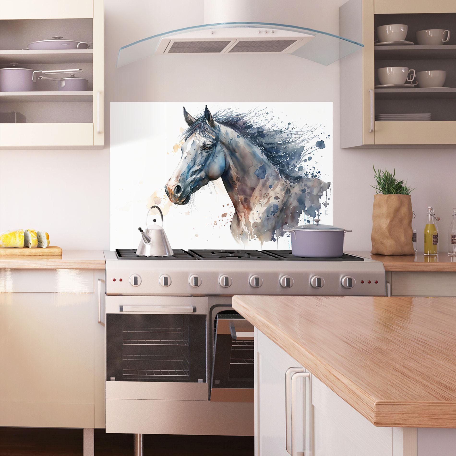 Küchenrückwand Glas Blue Horse Painting mockup 1