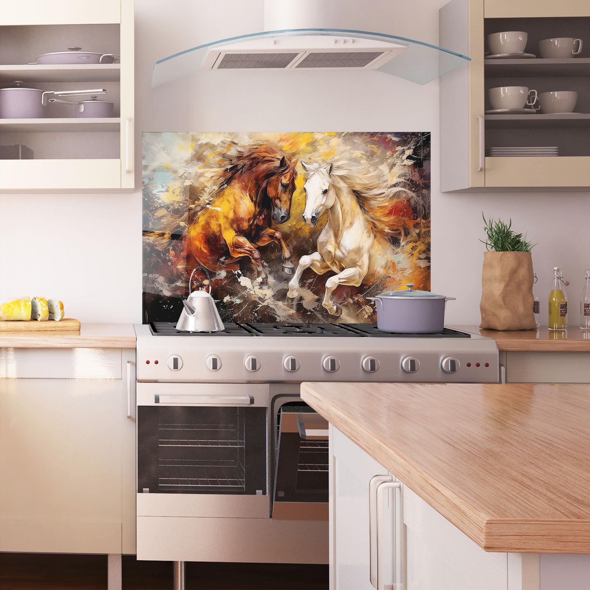 Küchenrückwand Glas Brown White Horses mockup 1