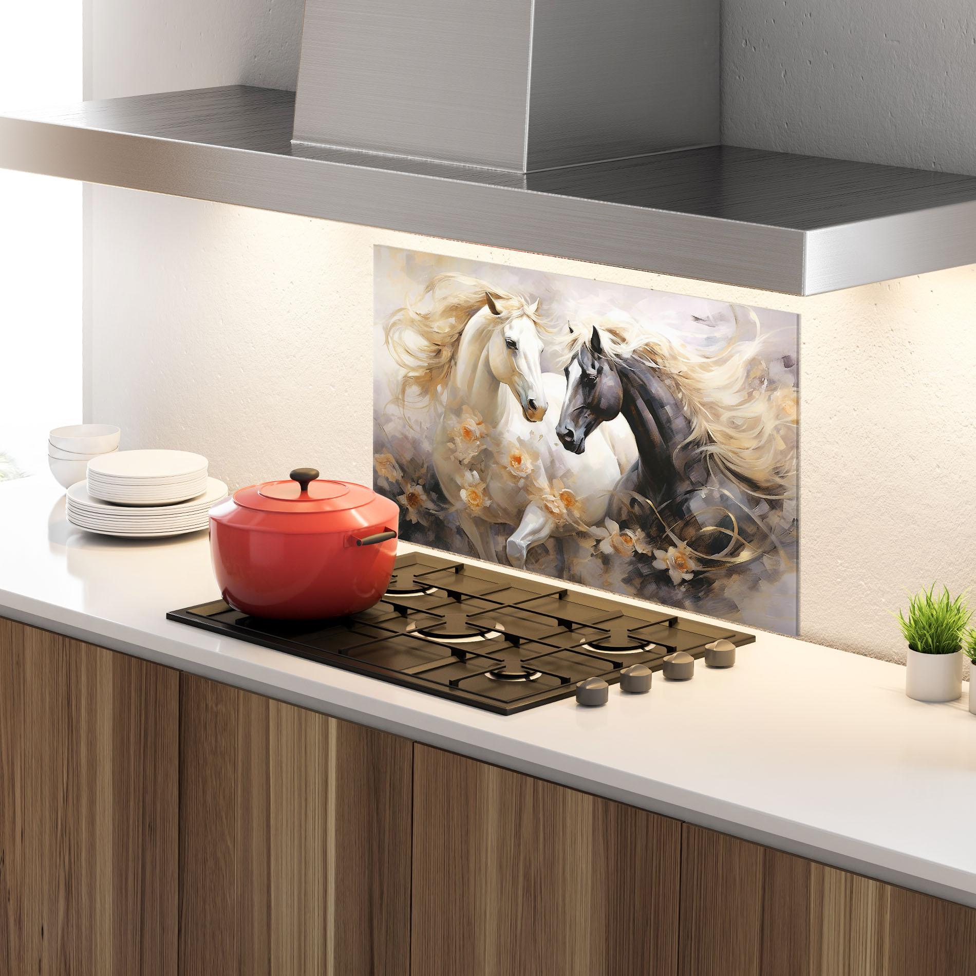 Küchenrückwand Glas Black And White Horses mockup 4
