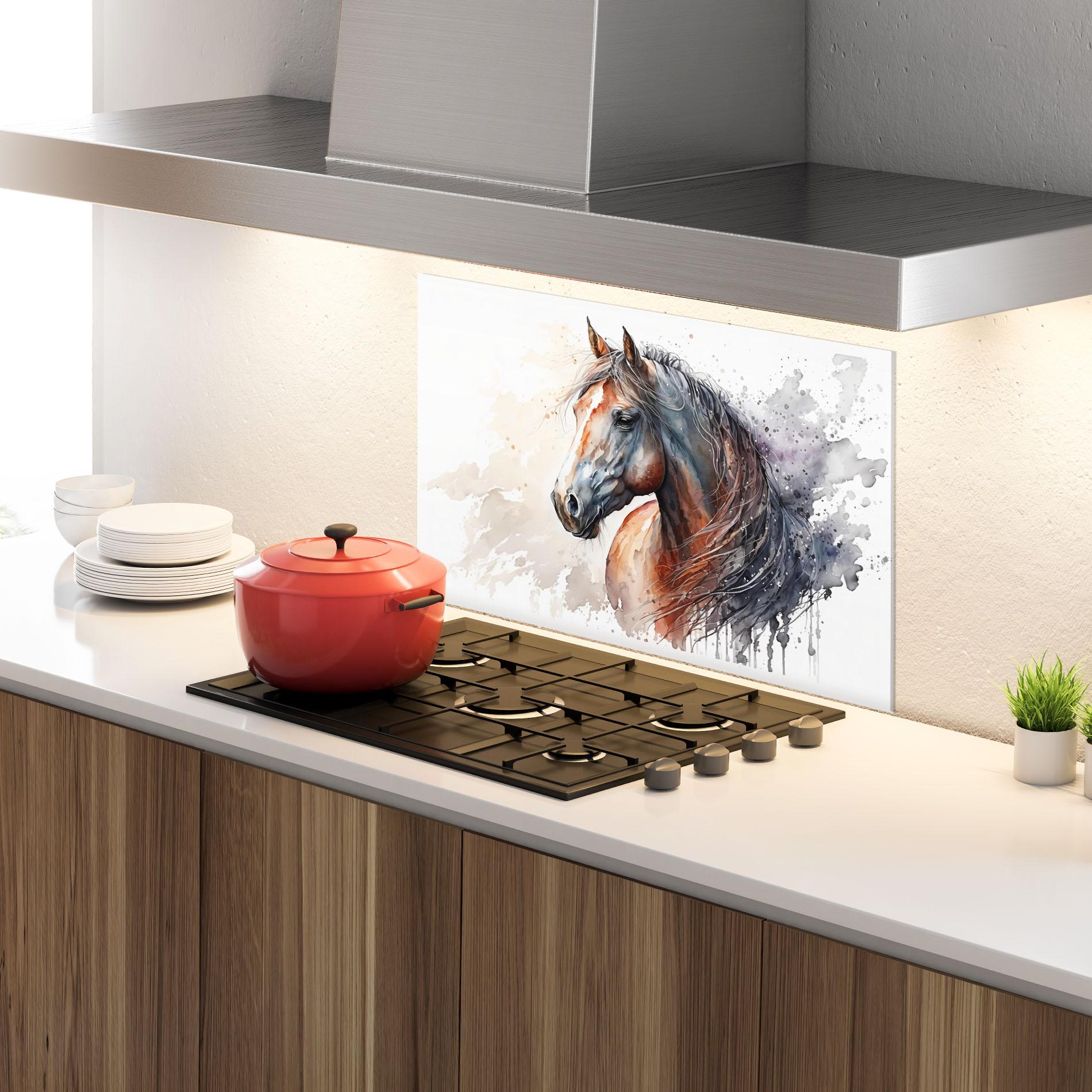 Küchenrückwand Glas Black Brown Horse Painting mockup 4