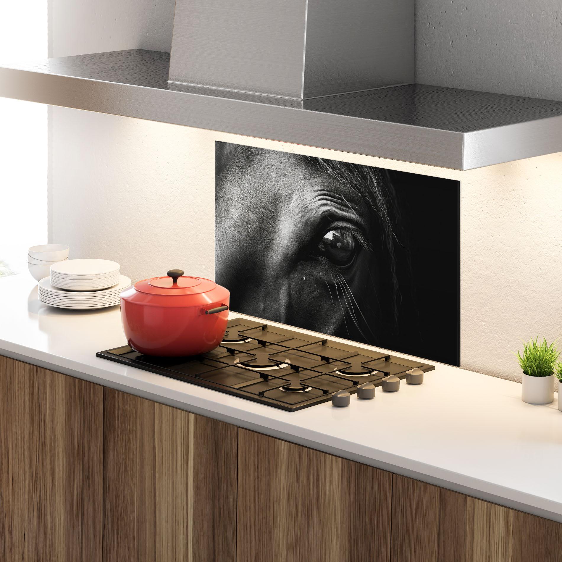 Küchenrückwand Glas Black Horse Eye mockup 4