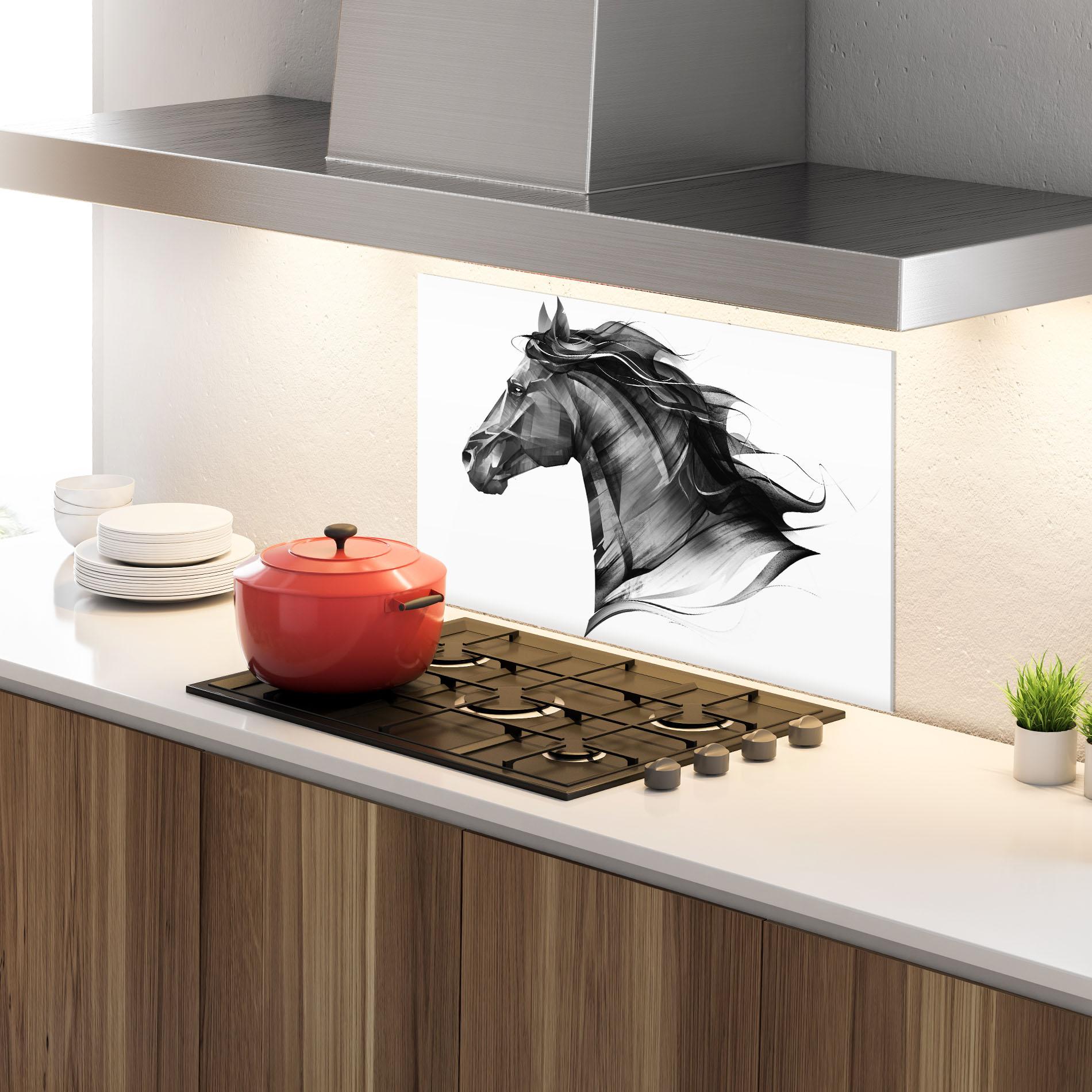 Küchenrückwand Glas Black Portrait Horse mockup 4