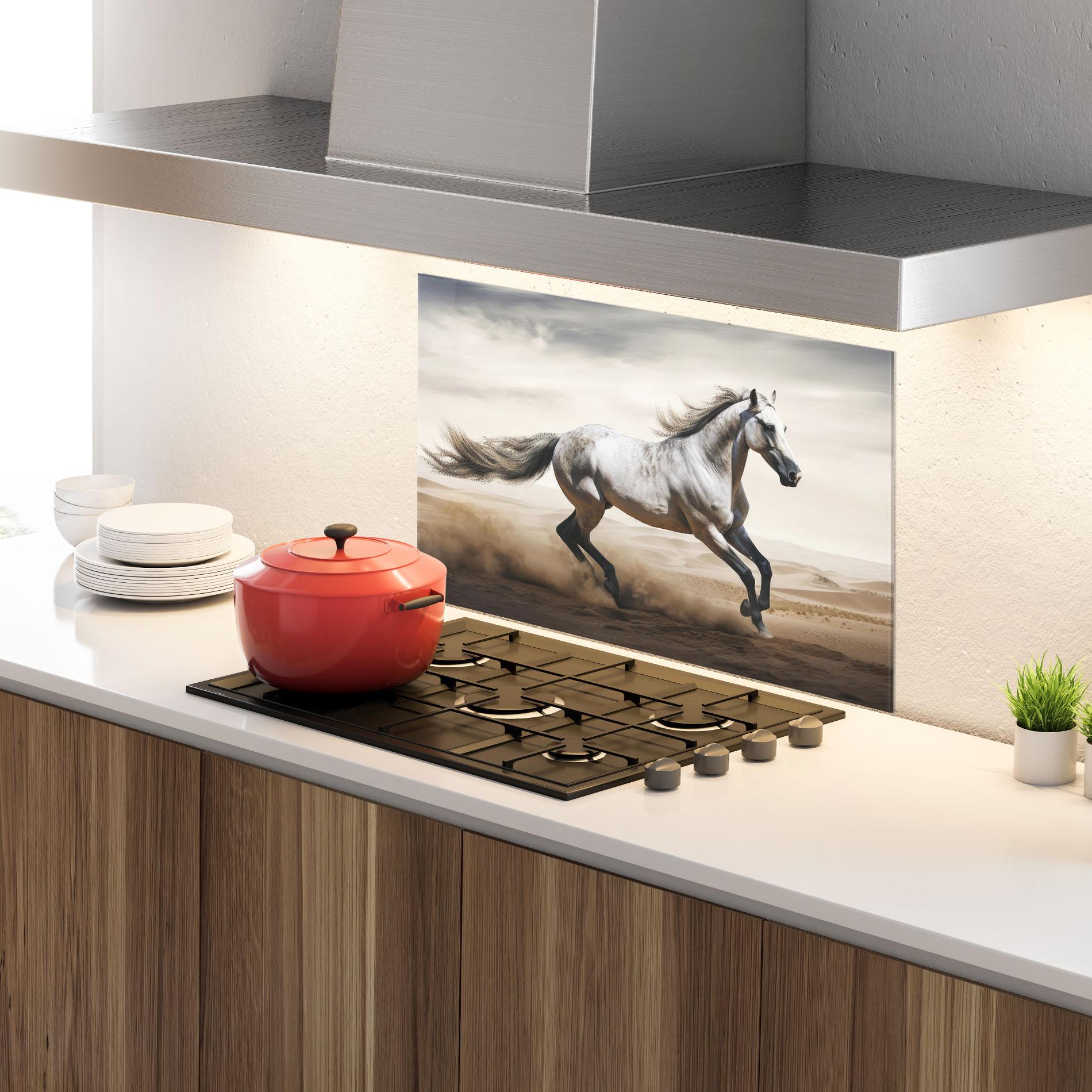 Küchenrückwand Glas Desert Horse Galloping mockup 4