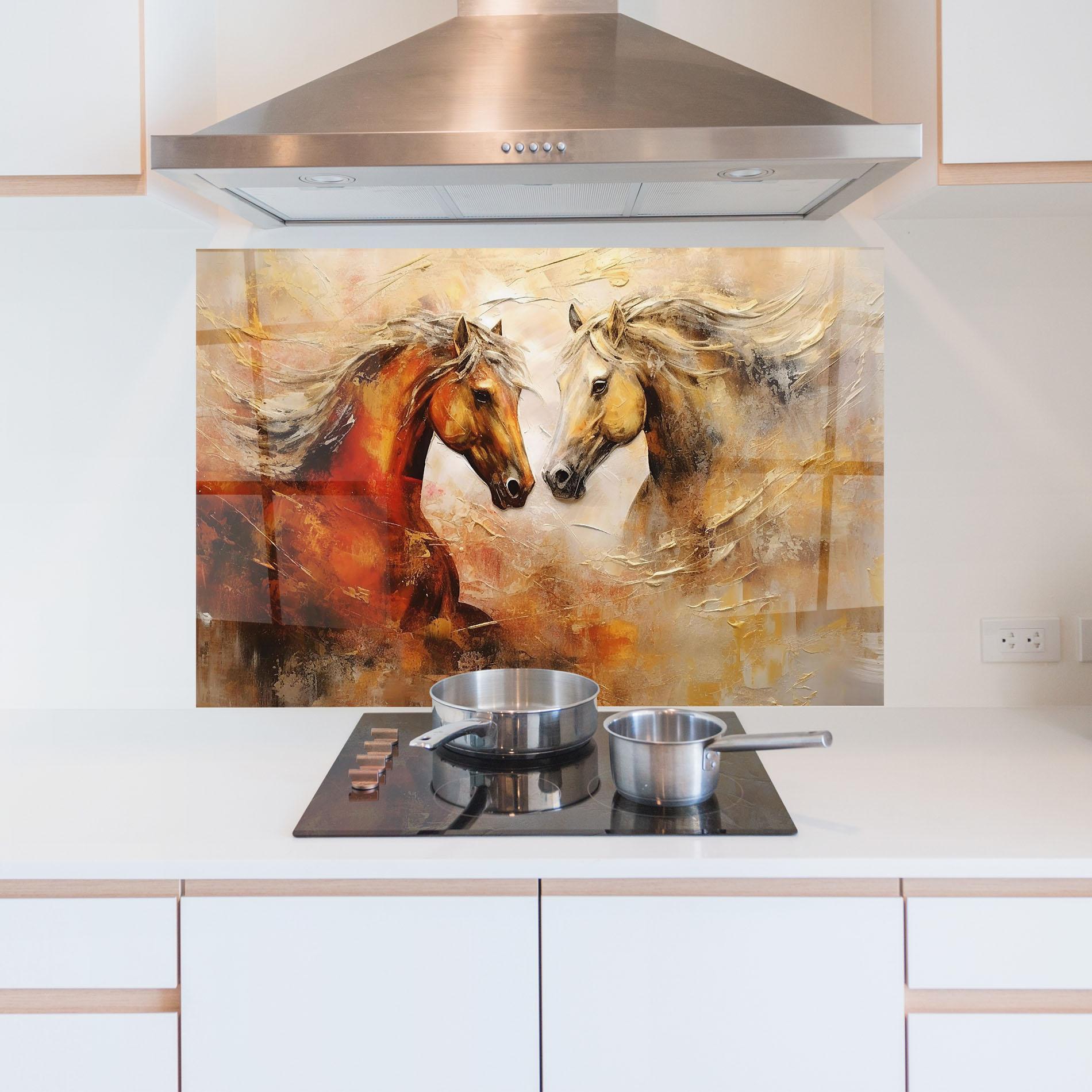 Küchenrückwand Glas Red Yellow Horses mockup 5