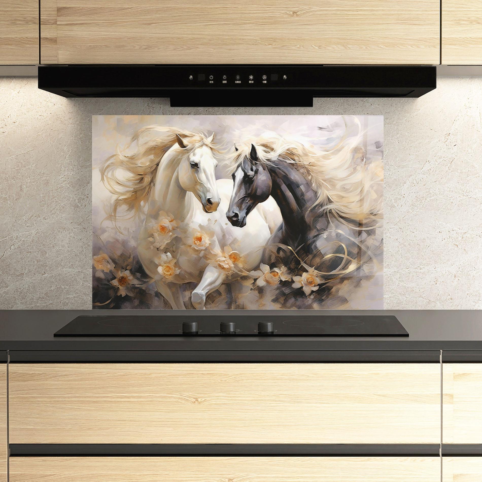 Küchenrückwand Glas Black And White Horses mockup 3