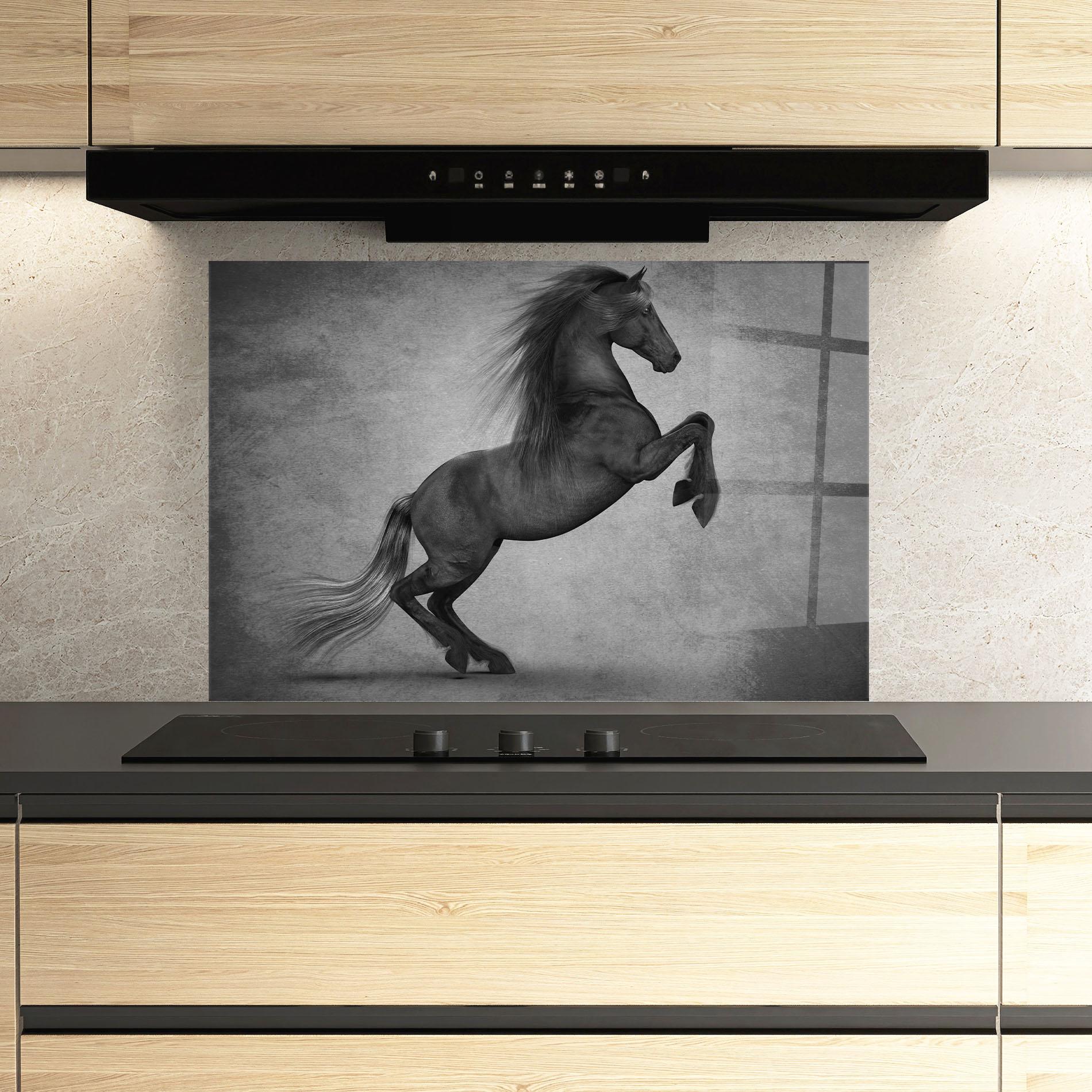 Küchenrückwand Glas Black Horse Jumping mockup 3