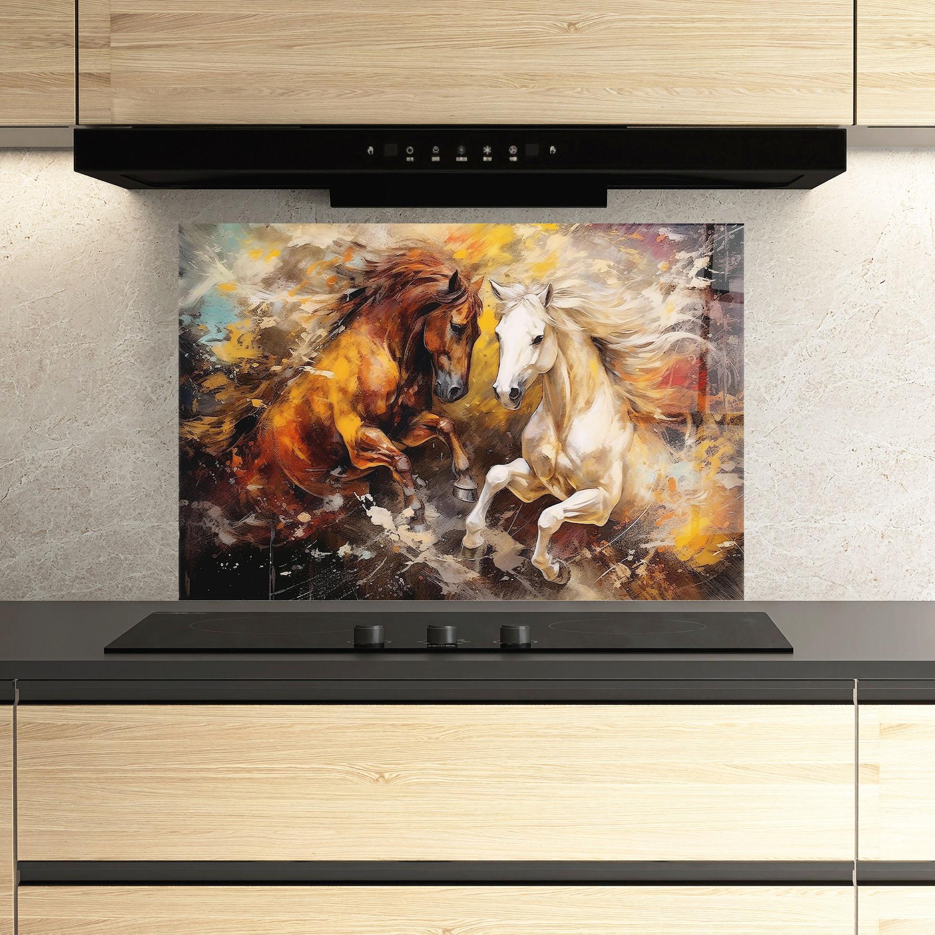 Küchenrückwand Glas Brown White Horses mockup 3