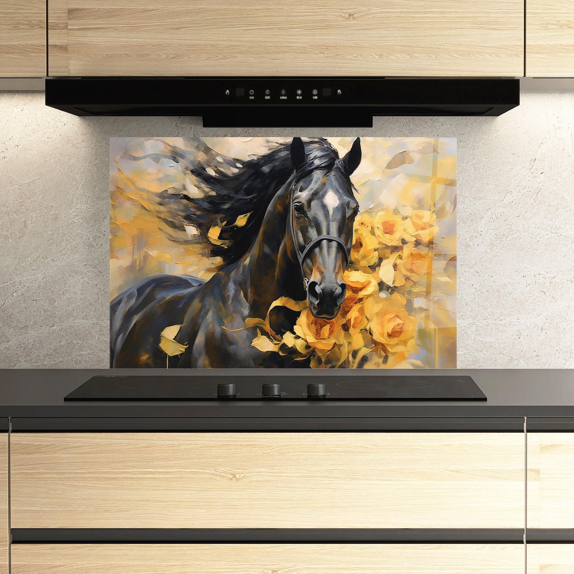 Küchenrückwand Glas Yellow Roses Horse mockup 3