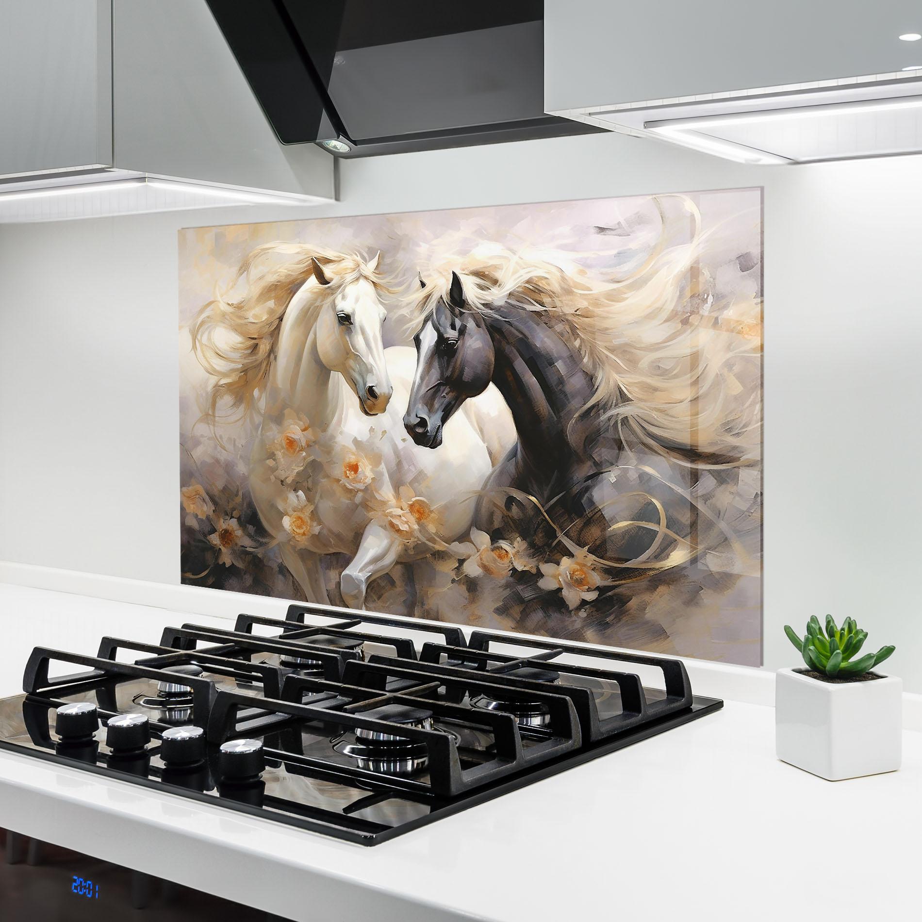 Küchenrückwand Glas Black And White Horses mockup 6