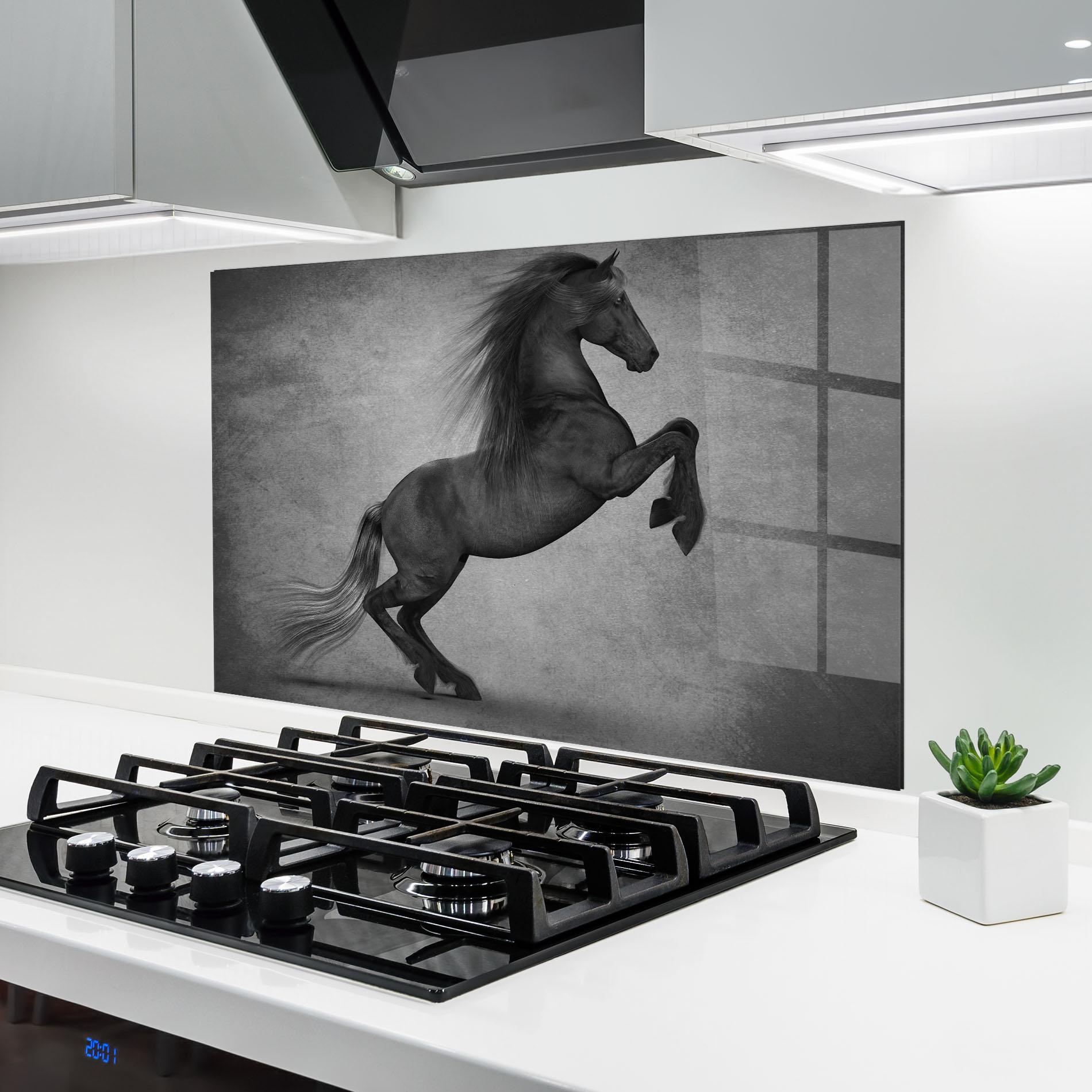 Küchenrückwand Glas Black Horse Jumping mockup 6