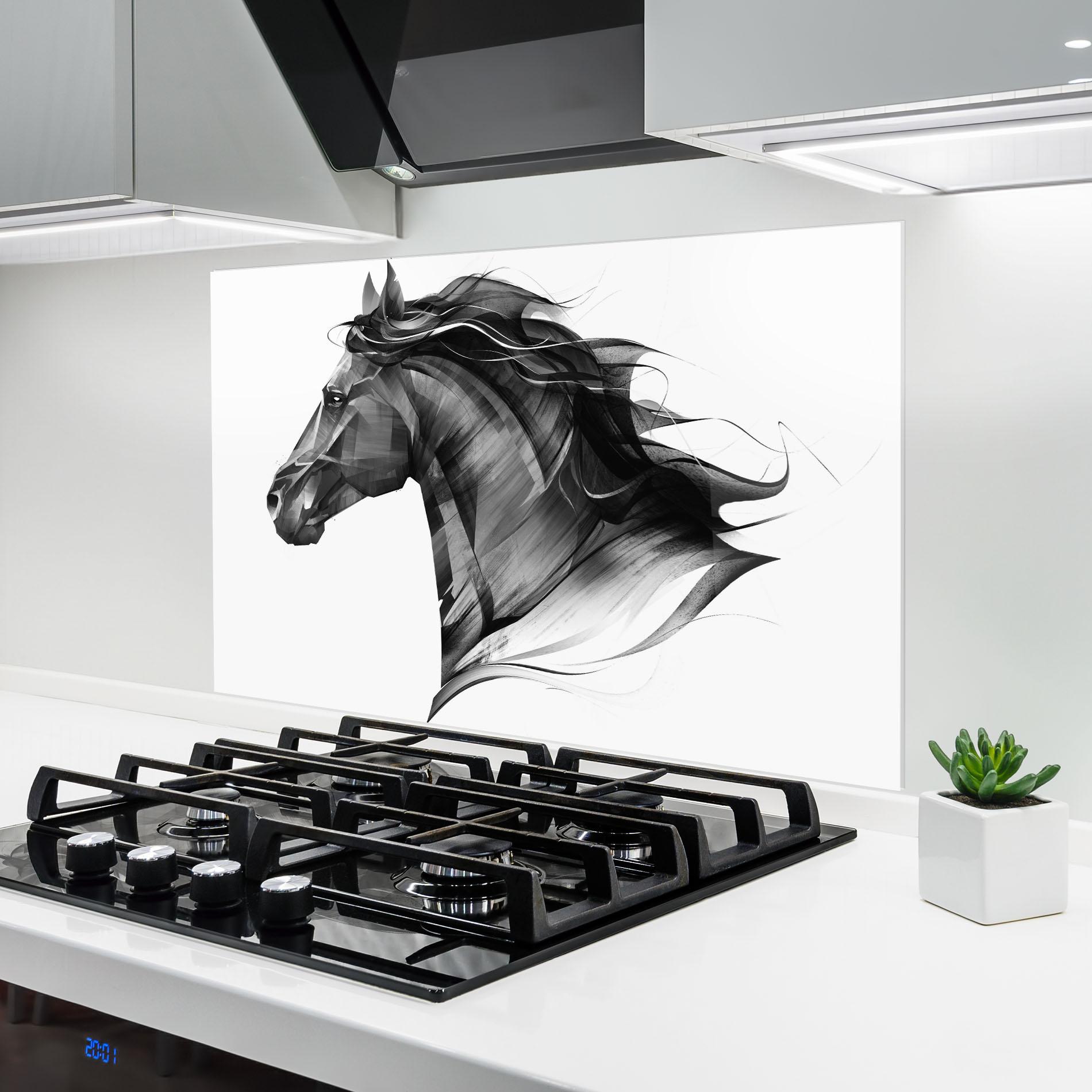 Küchenrückwand Glas Black Portrait Horse mockup 6