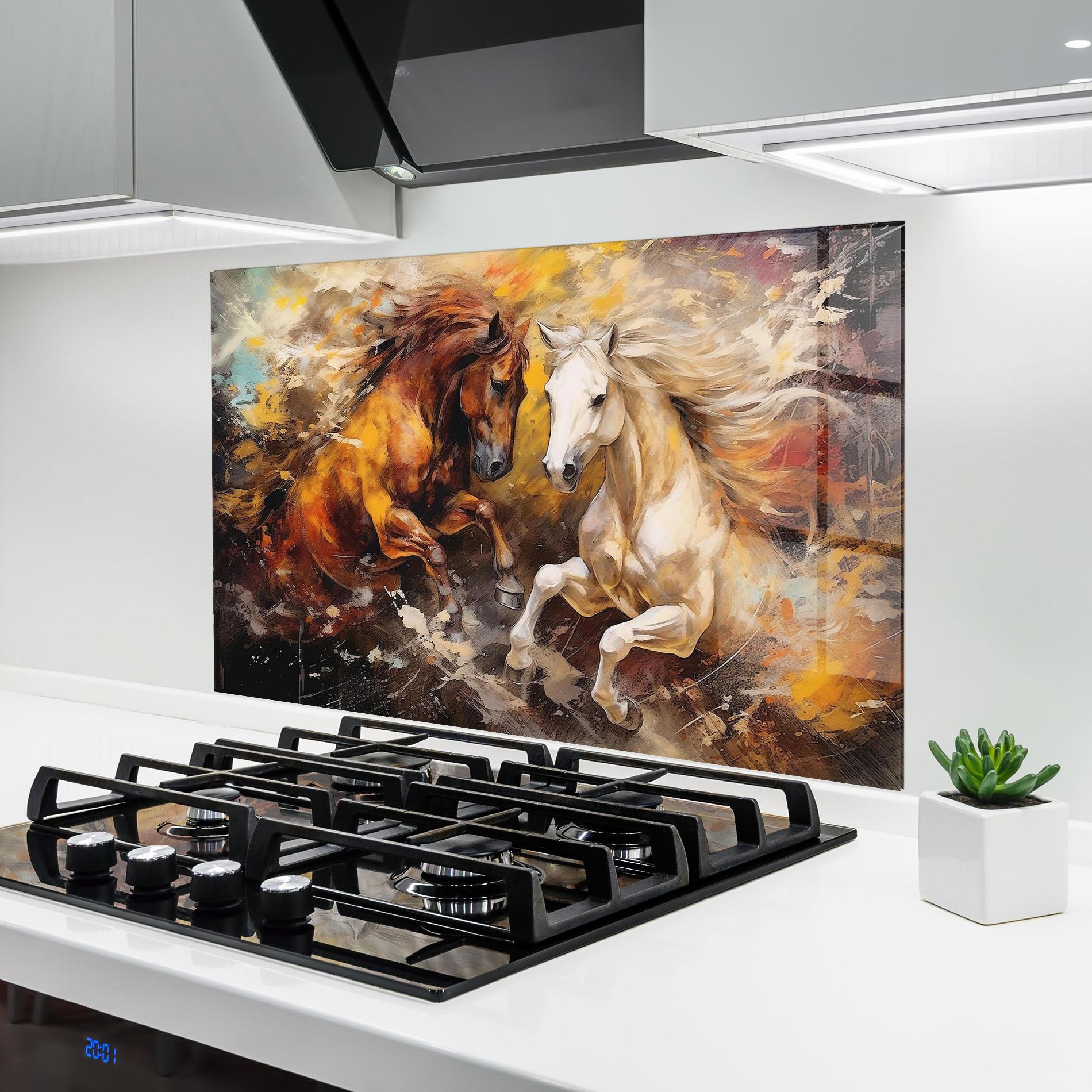 Küchenrückwand Glas Brown White Horses mockup 6