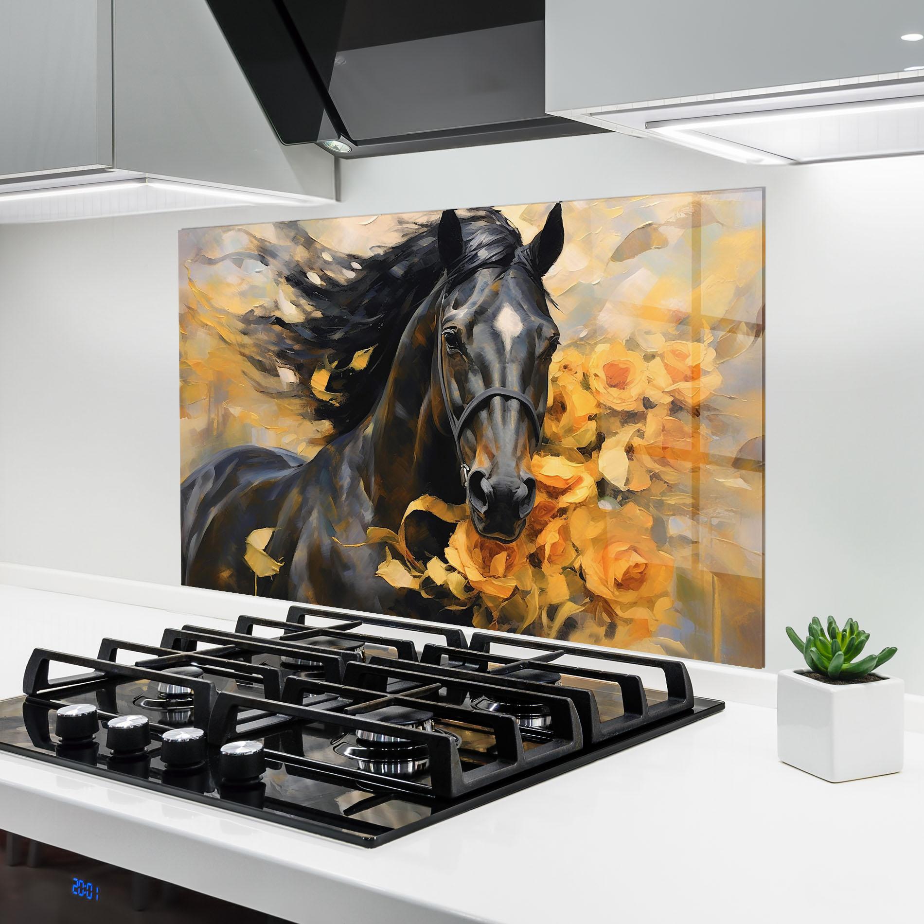 Küchenrückwand Glas Yellow Roses Horse mockup 6