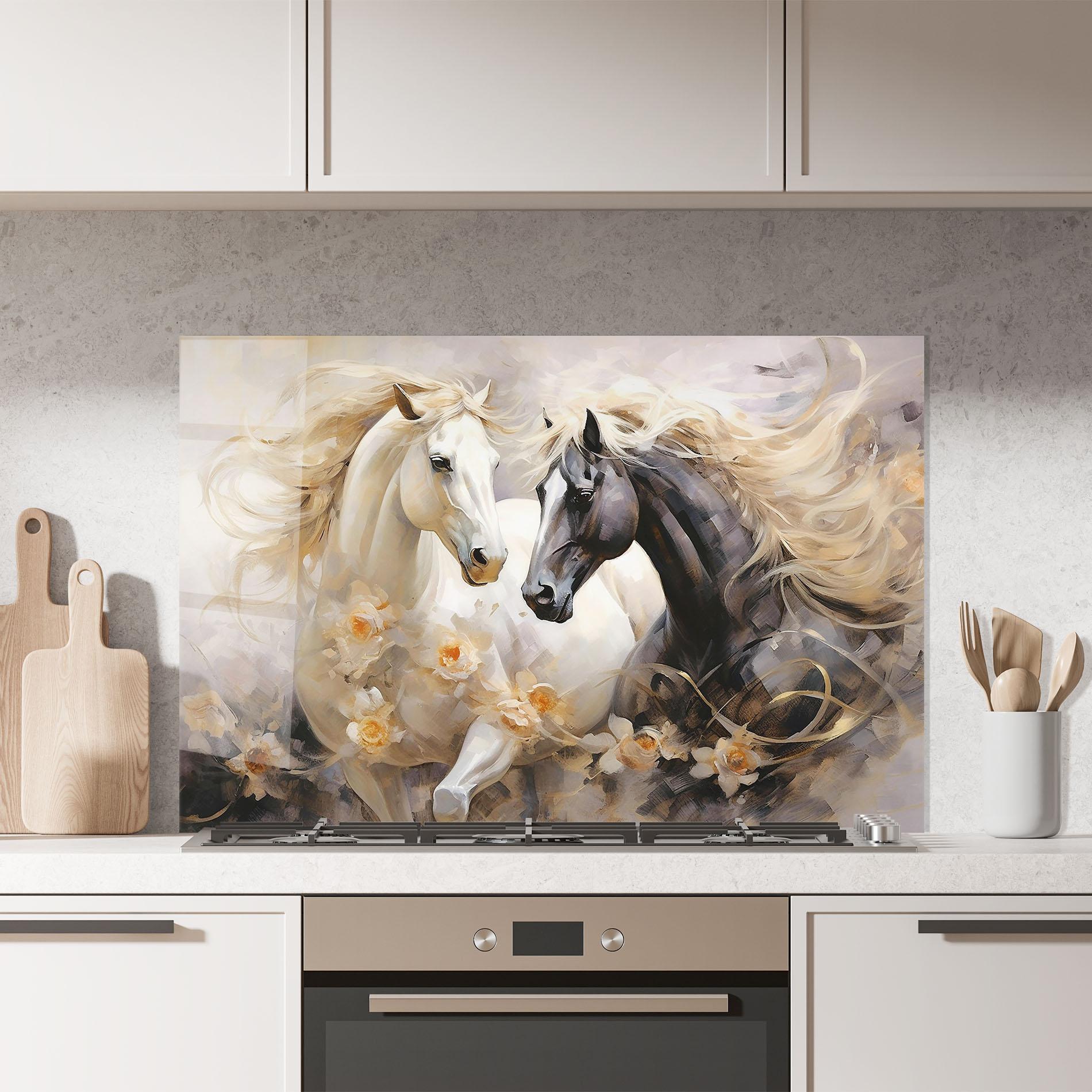 Küchenrückwand Glas Black And White Horses mockup 7
