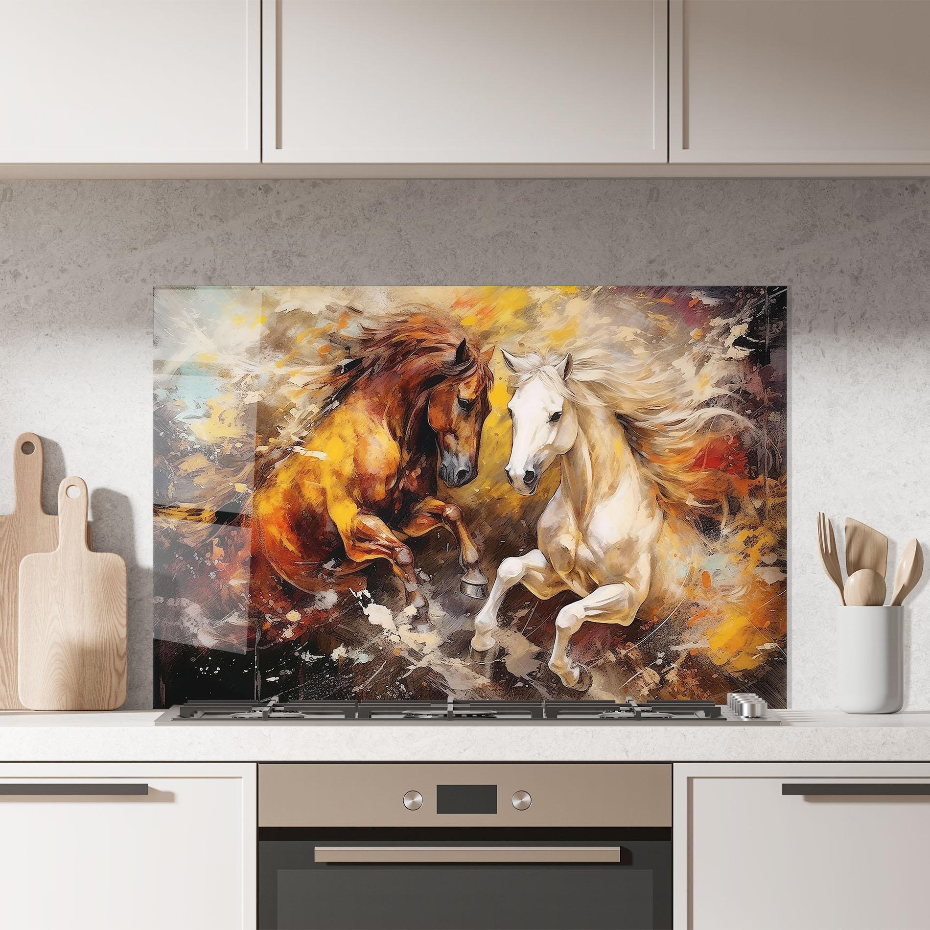 Küchenrückwand Glas Brown White Horses mockup 7