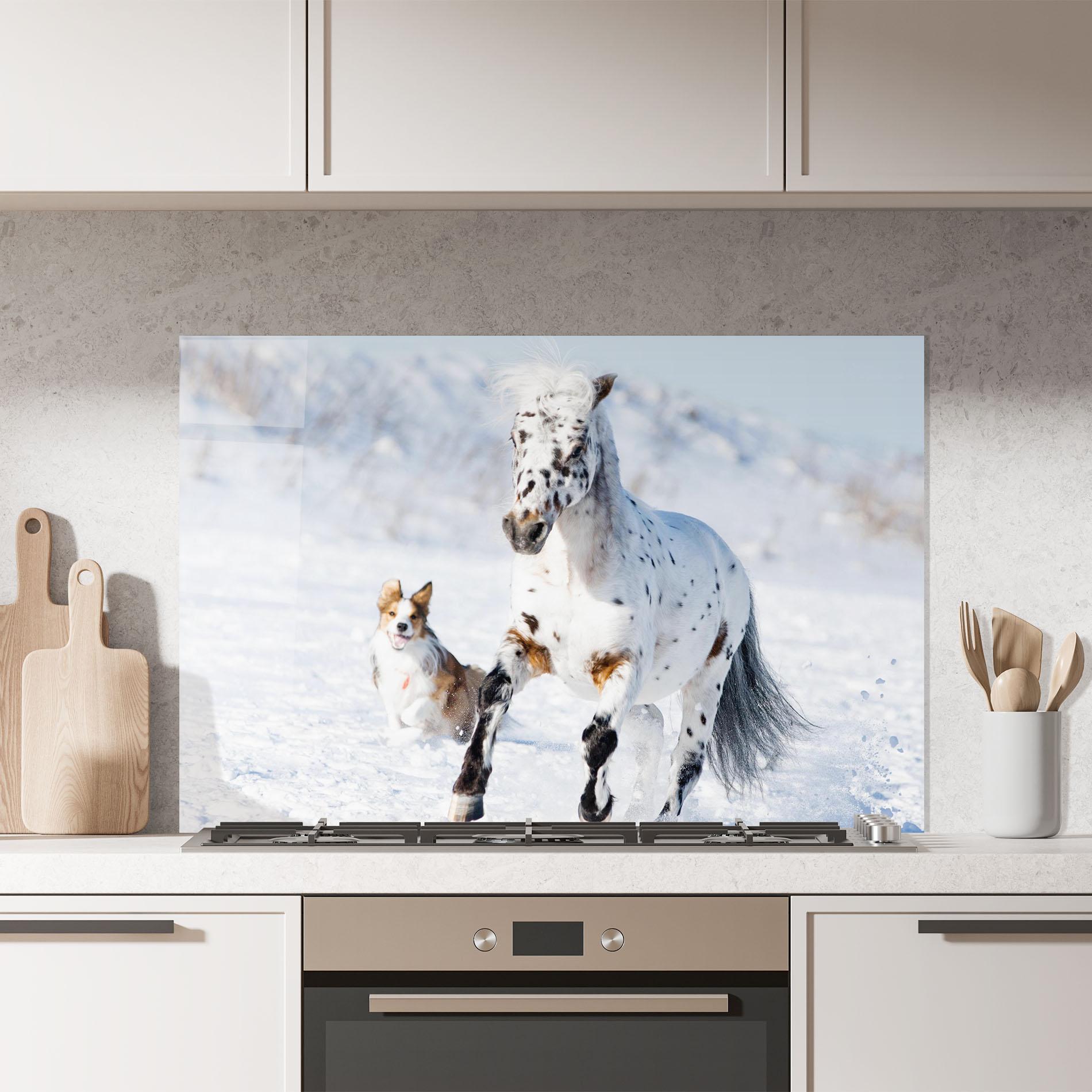 Küchenrückwand Glas Dog And Horse Running mockup 7