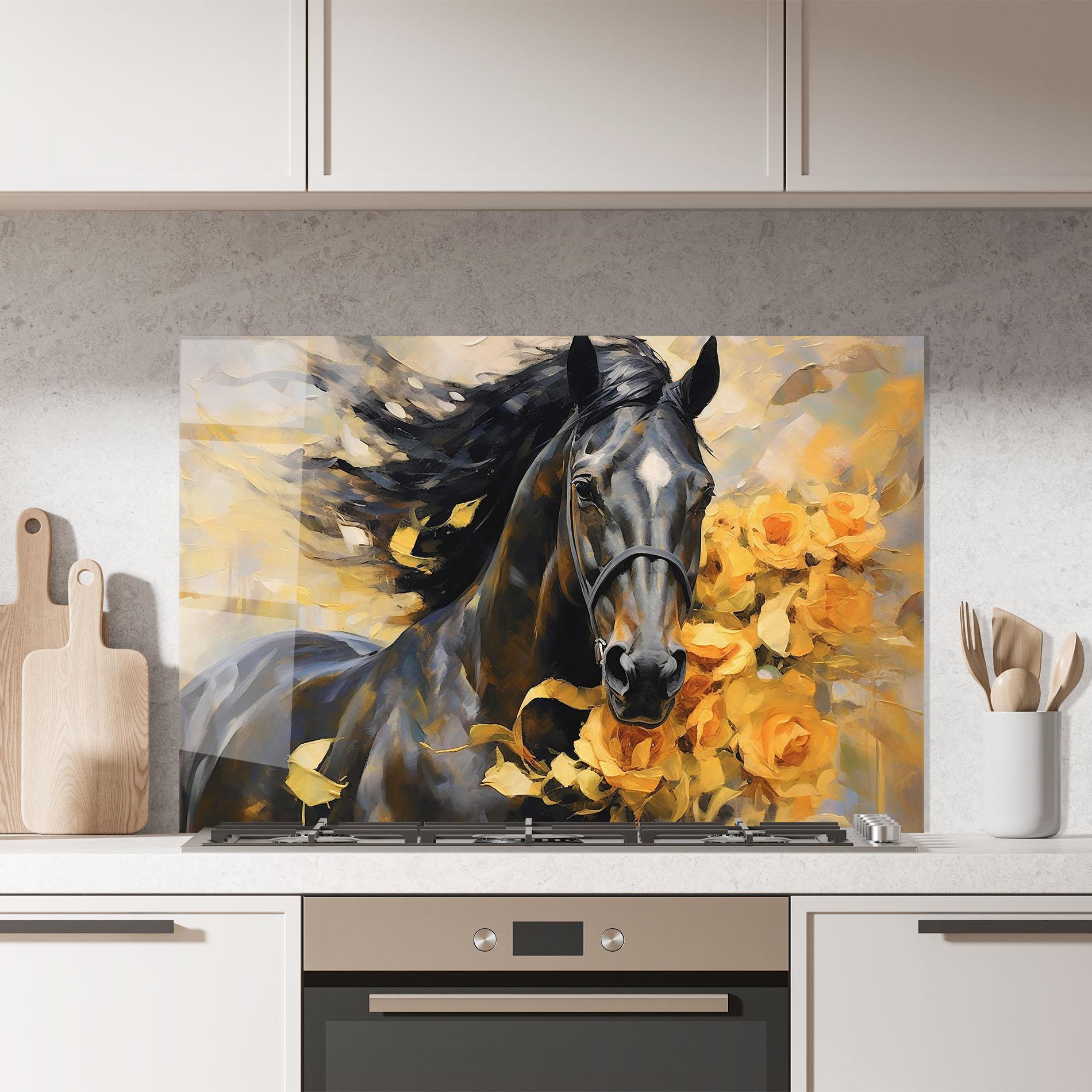 Küchenrückwand Glas Yellow Roses Horse mockup 7