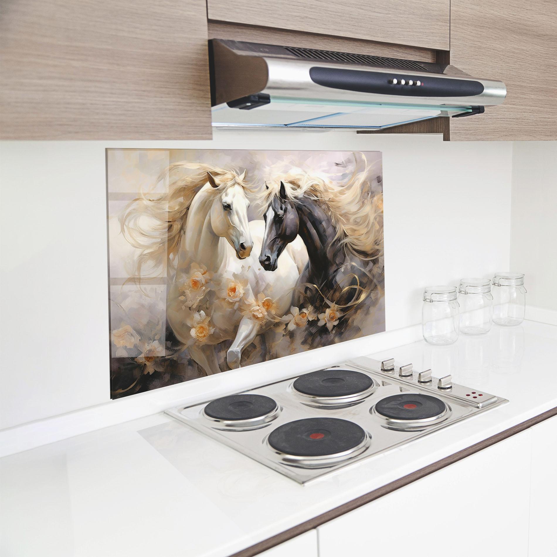 Küchenrückwand Glas Black And White Horses mockup 8