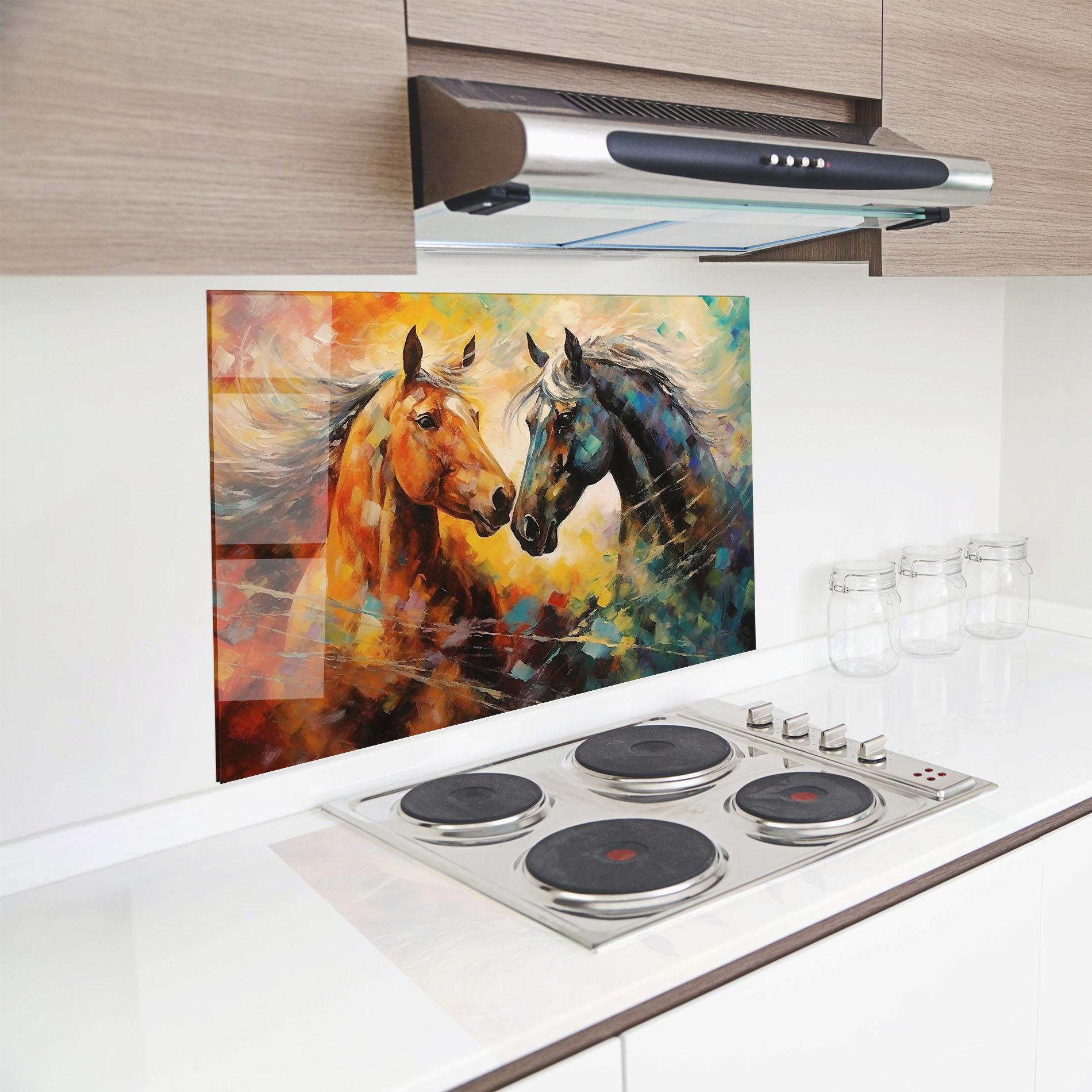 Küchenrückwand Glas Brown Black Horses mockup 8