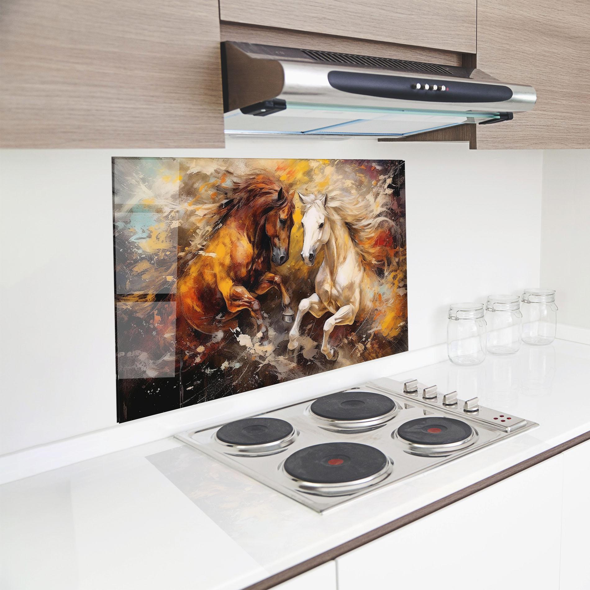 Küchenrückwand Glas Brown White Horses mockup 8