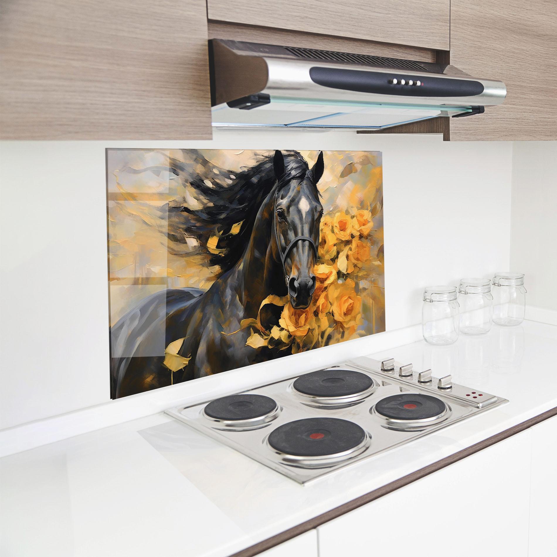 Küchenrückwand Glas Yellow Roses Horse mockup 8
