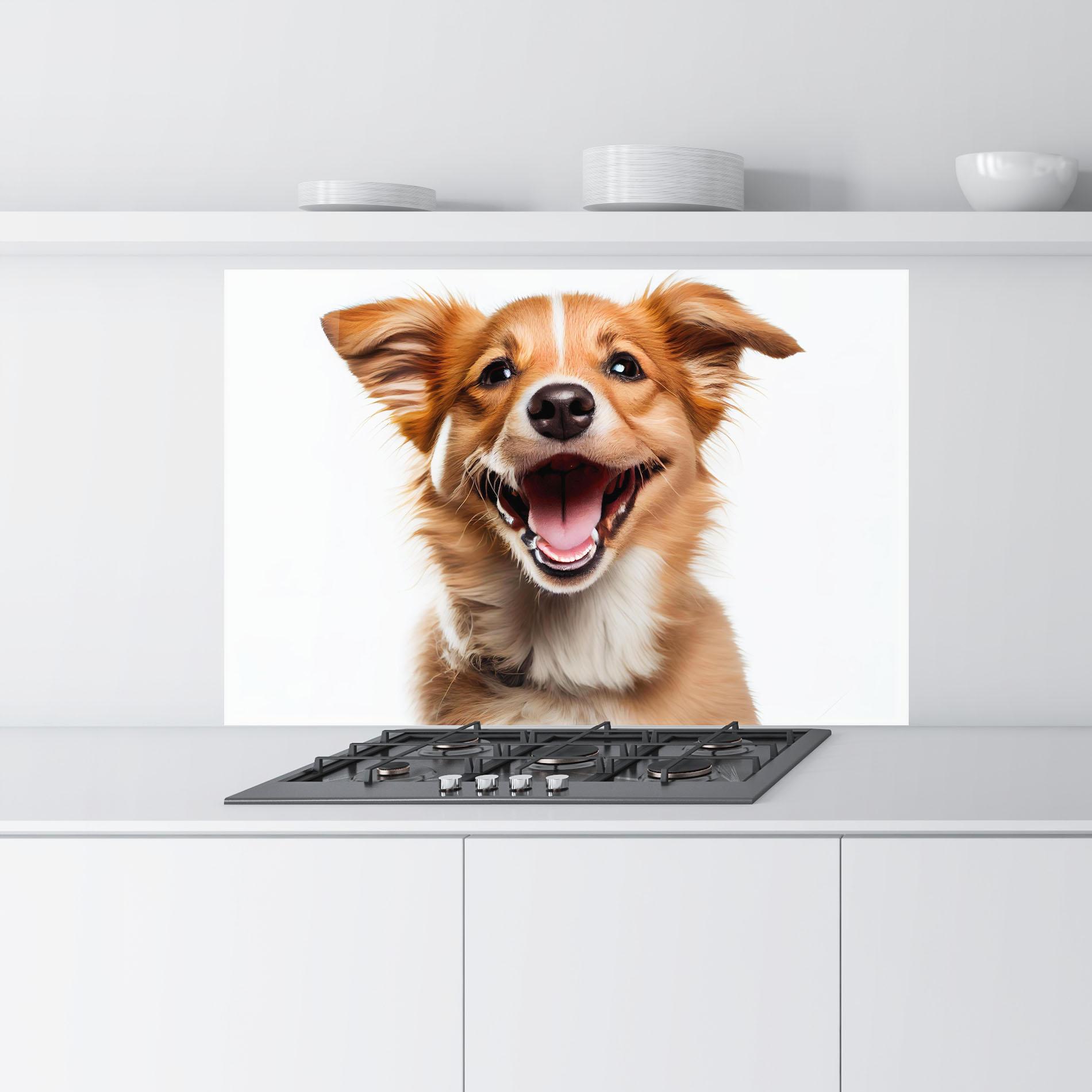 Küchenrückwand Glas Happy Smiling Dog mockup 9