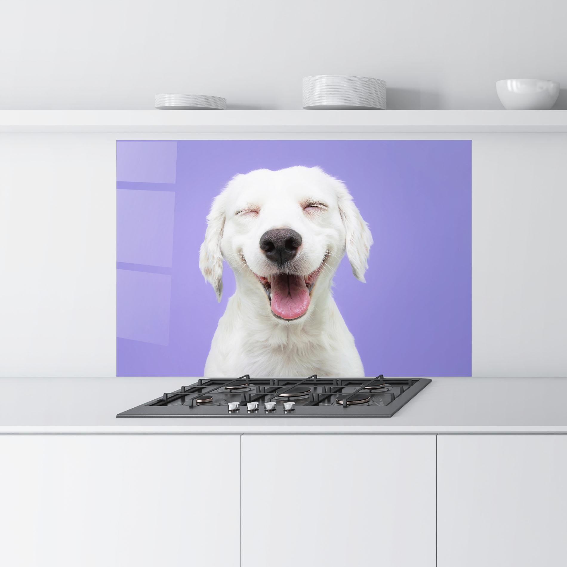 Küchenrückwand Glas Happy Whit Puppy mockup 9