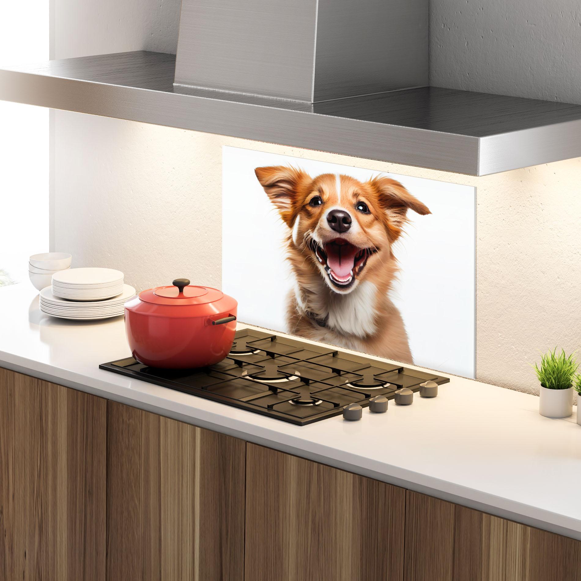 Küchenrückwand Glas Happy Smiling Dog mockup 4