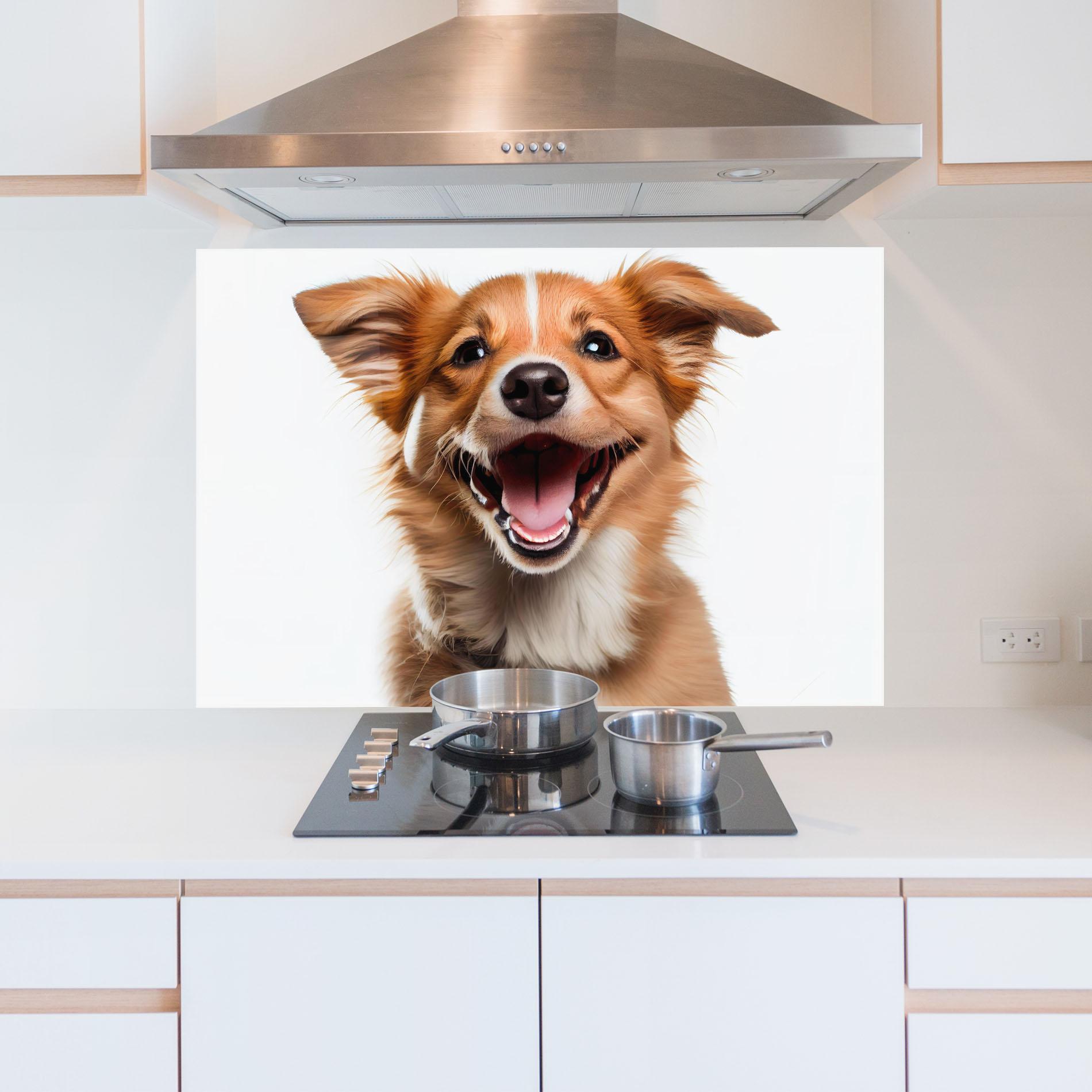 Küchenrückwand Glas Happy Smiling Dog mockup 5