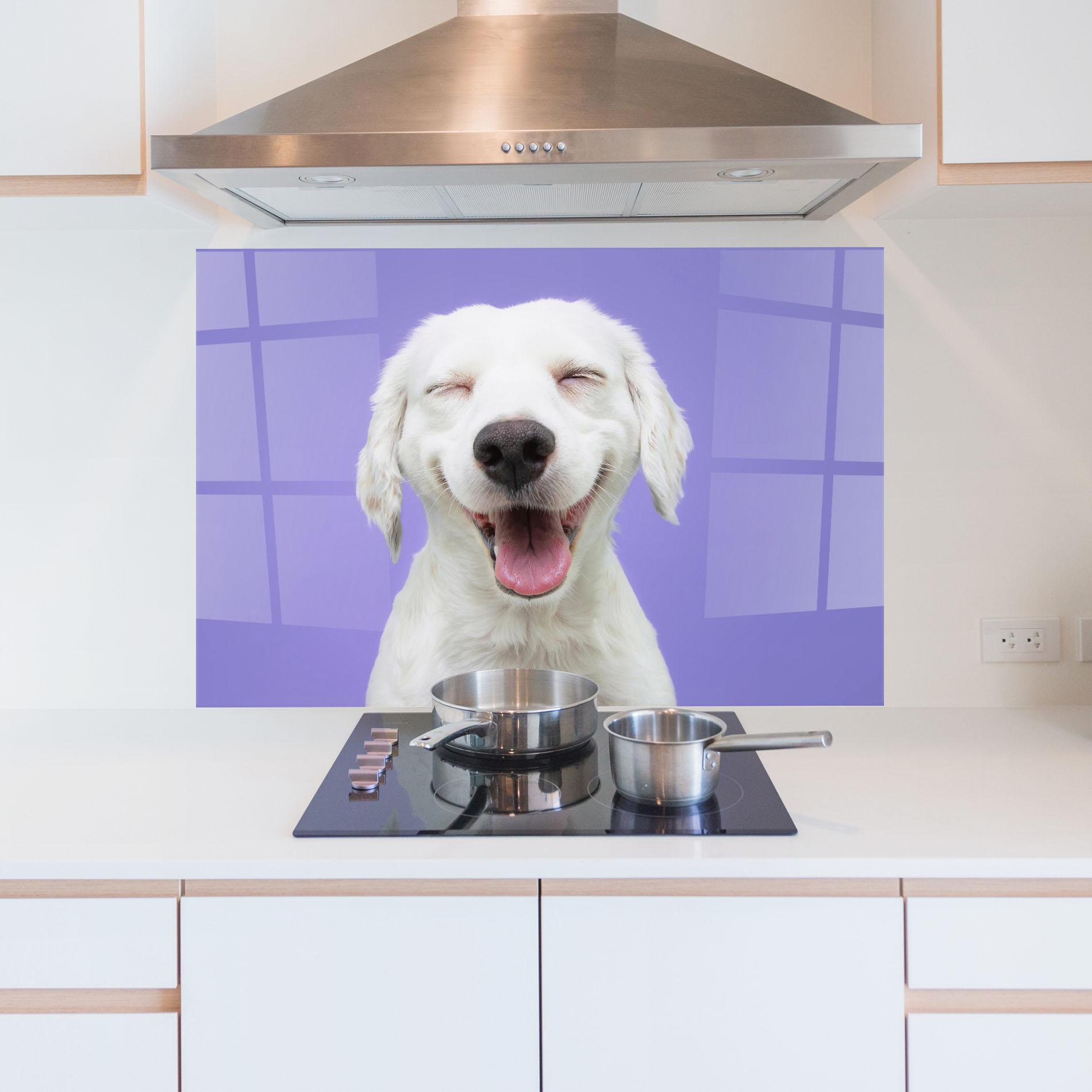 Küchenrückwand Glas Happy Whit Puppy mockup 5