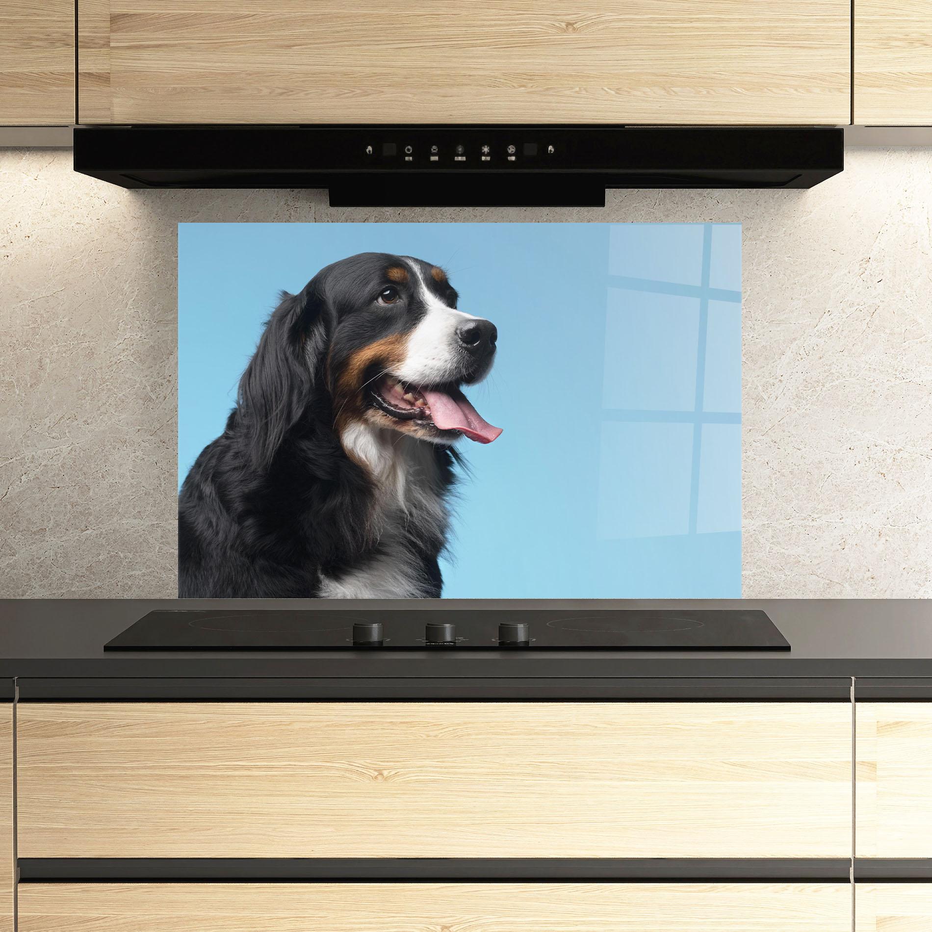 Küchenrückwand Glas Dog On Blue mockup 3