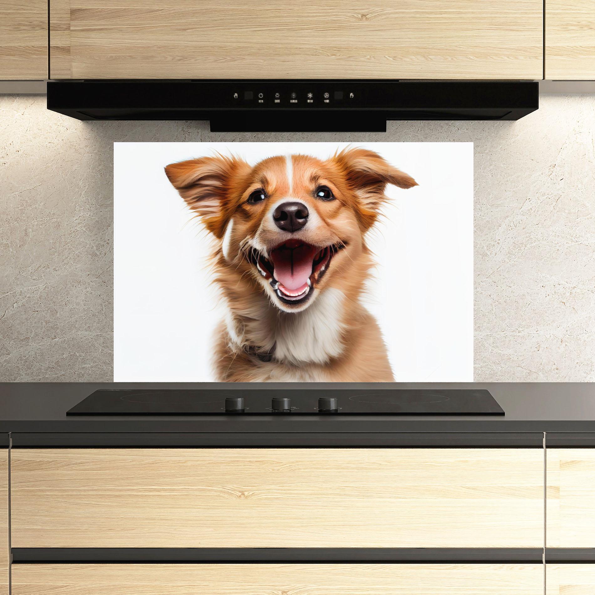 Küchenrückwand Glas Happy Smiling Dog mockup 3