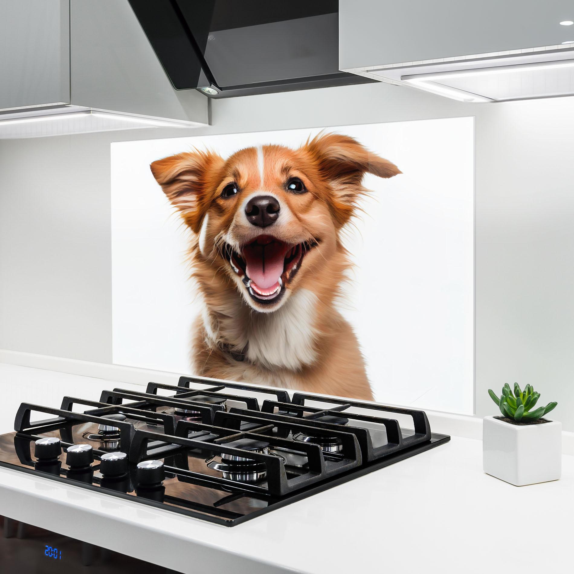 Küchenrückwand Glas Happy Smiling Dog mockup 6
