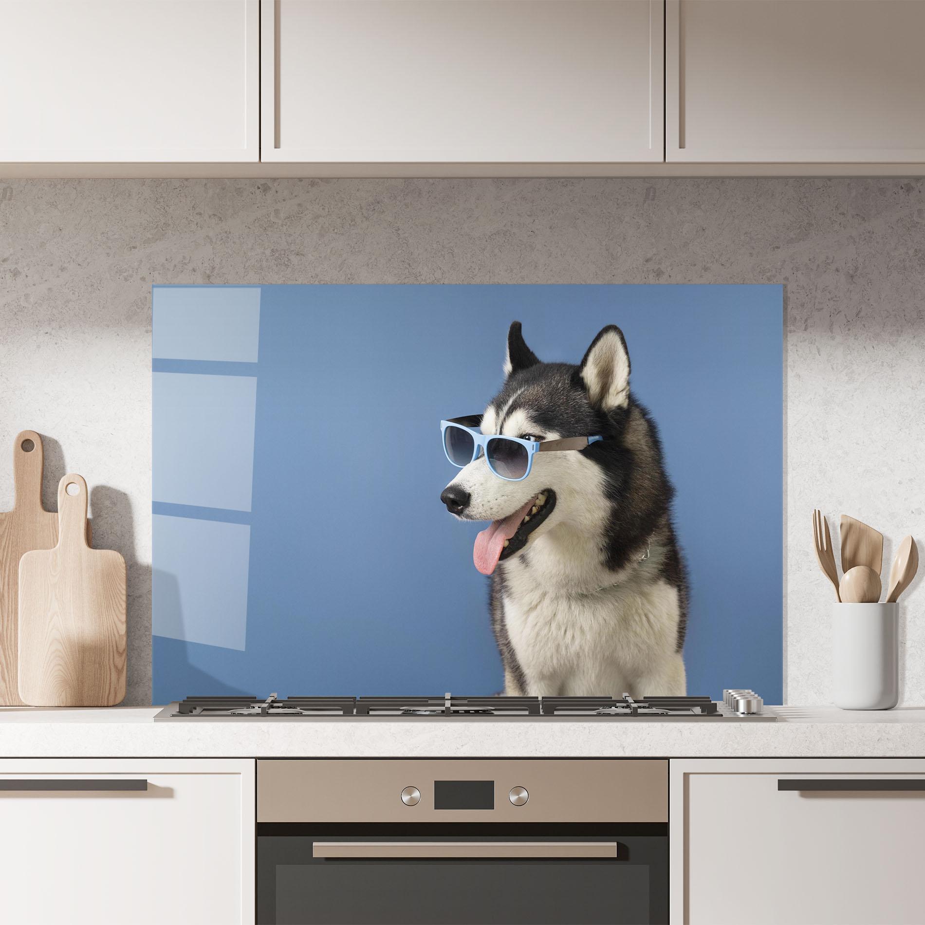 Küchenrückwand Glas Blue Glasses Dog mockup 7