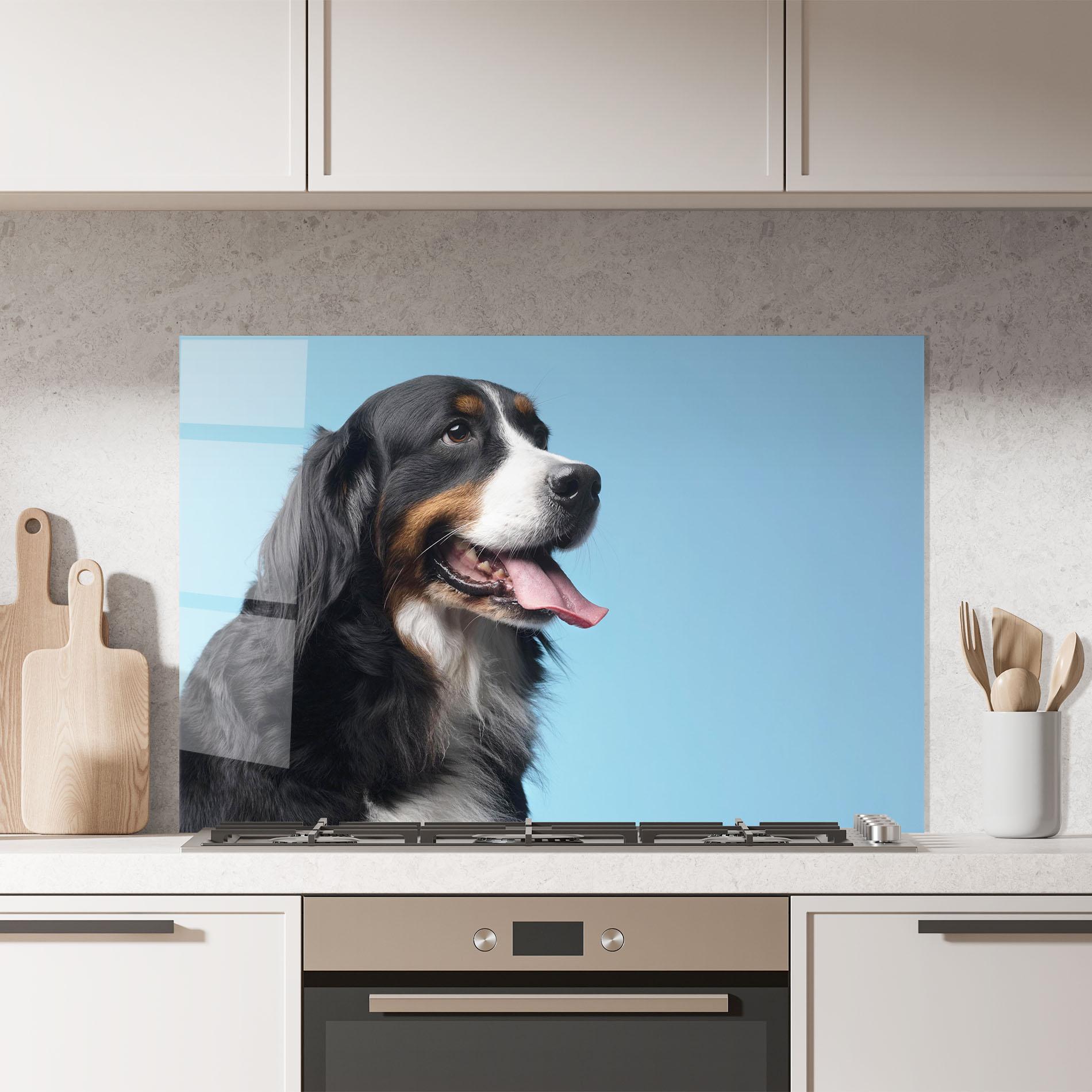 Küchenrückwand Glas Dog On Blue mockup 7