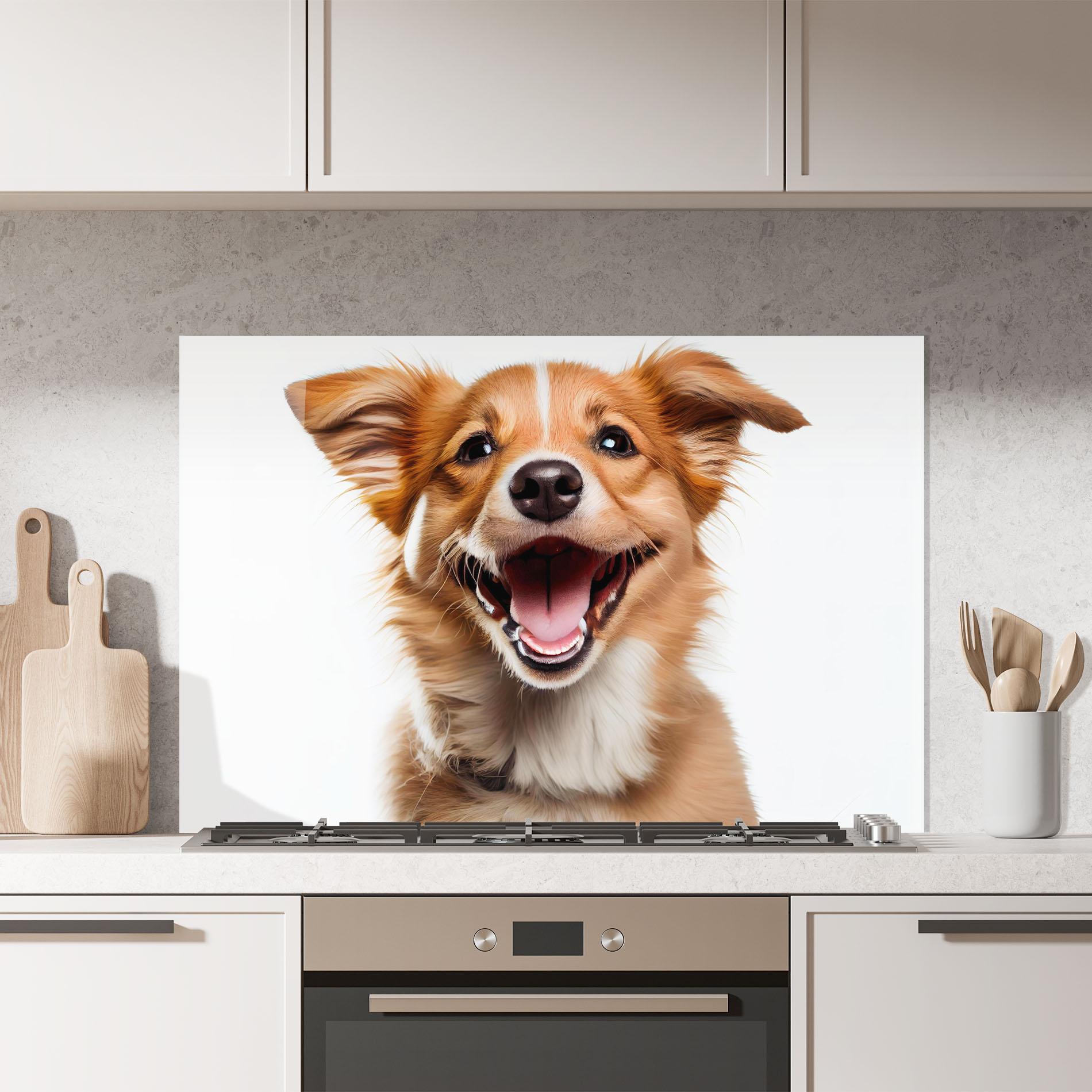 Küchenrückwand Glas Happy Smiling Dog mockup 7