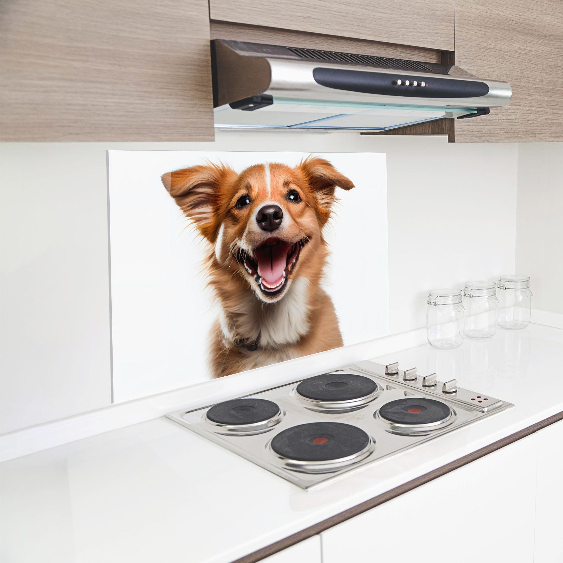 Küchenrückwand Glas Happy Smiling Dog mockup 8