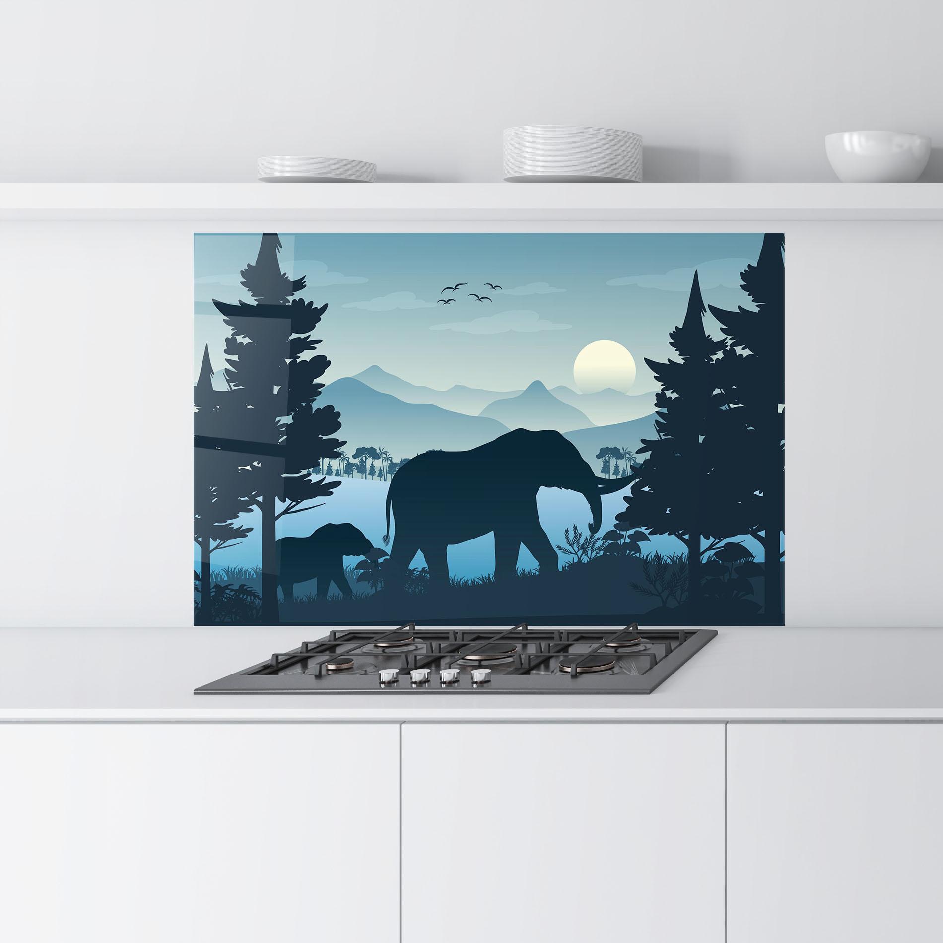 Küchenrückwand Glas Blue Light Elephant mockup 9