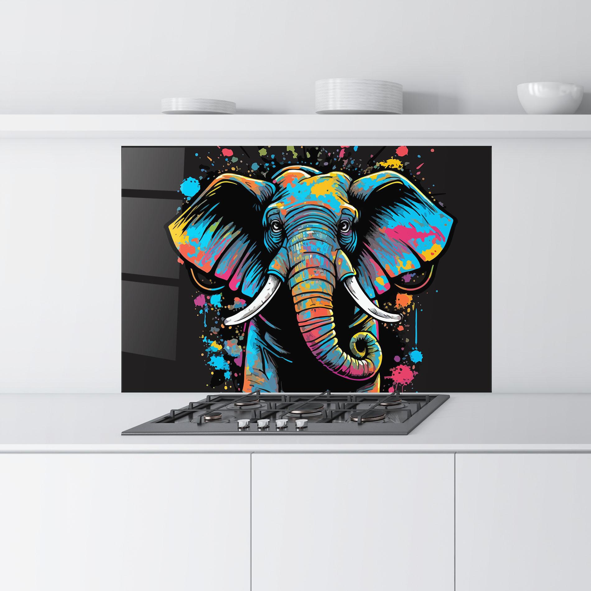 Küchenrückwand Glas Colorful Grey Elephant mockup 9